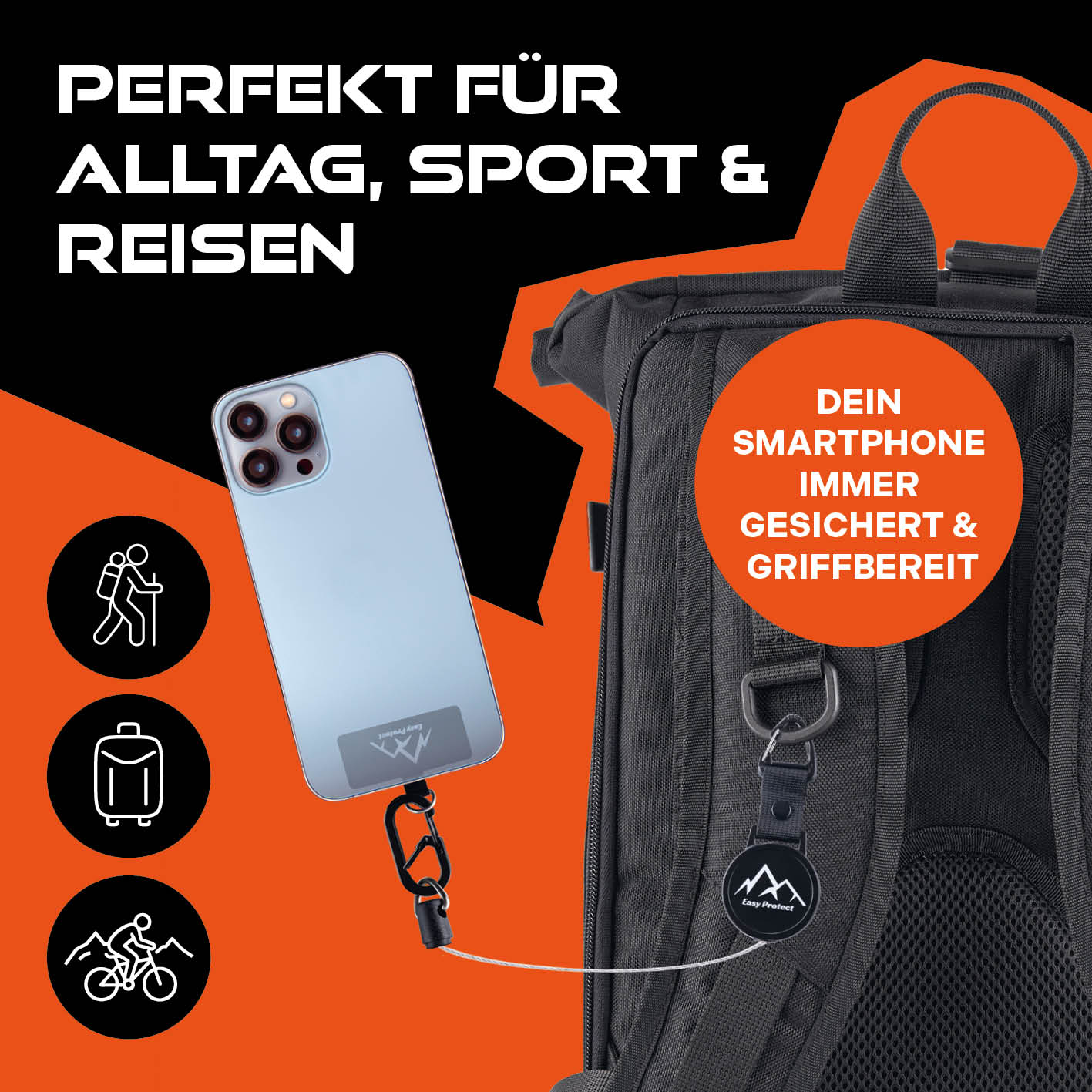 Handy Sicherung mit Stahlseil & Karabiner, 80 cm Anti-Drop Kabel - Image 3