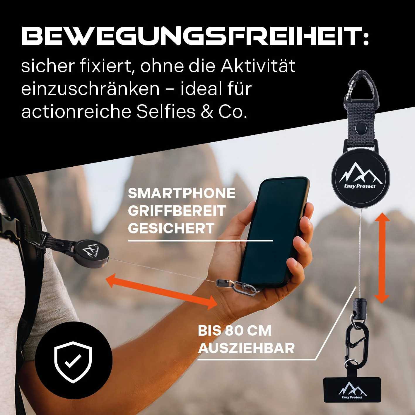 Handy Sicherung mit Stahlseil & Karabiner, 80 cm Anti-Drop Kabel - Image 4