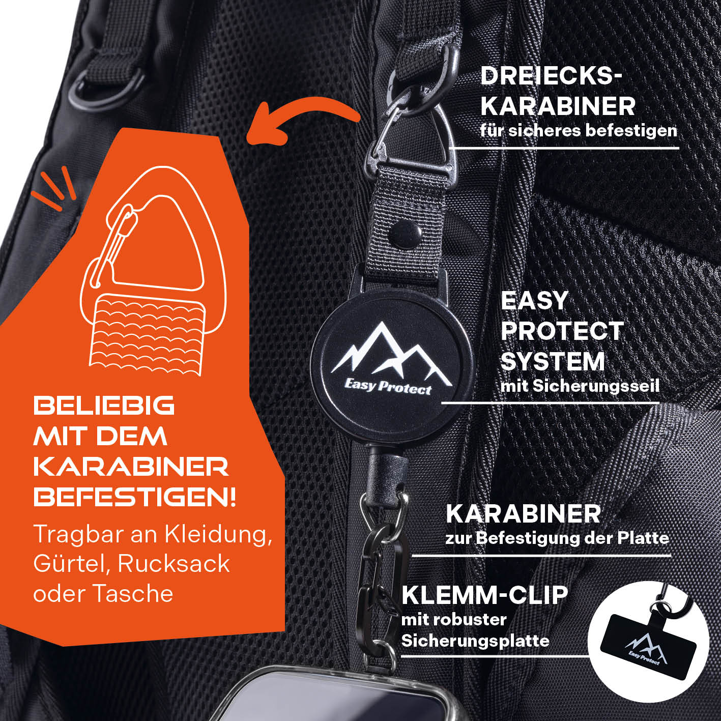 Handy Sicherung mit Stahlseil & Karabiner, 80 cm Anti-Drop Kabel - Image 5