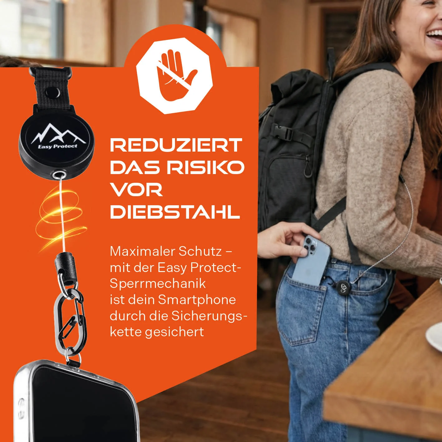 Handy Sicherung mit Stahlseil & Karabiner, 80 cm Anti-Drop Kabel - Image 6