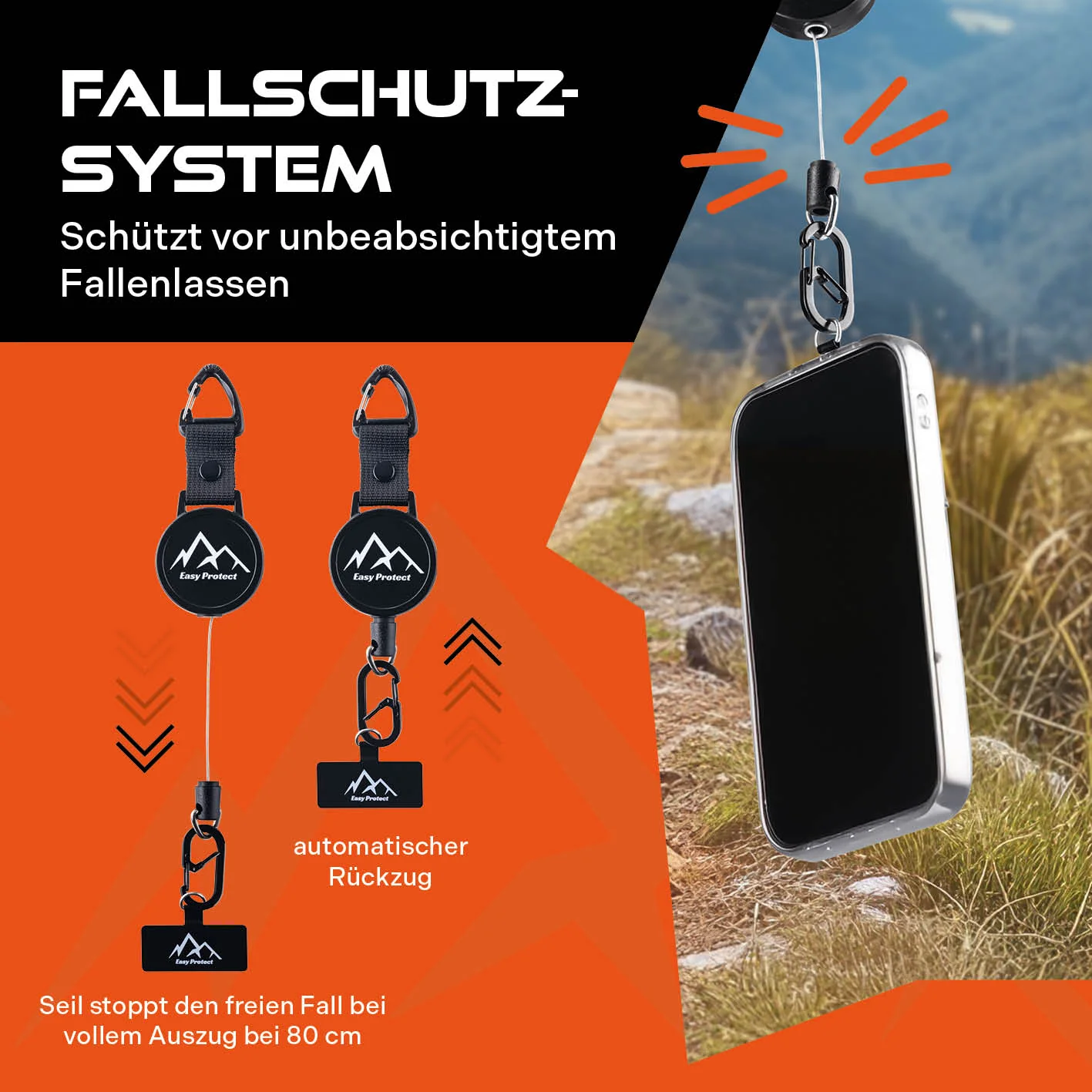 Handy Sicherung mit Stahlseil & Karabiner, 80 cm Anti-Drop Kabel - Image 7