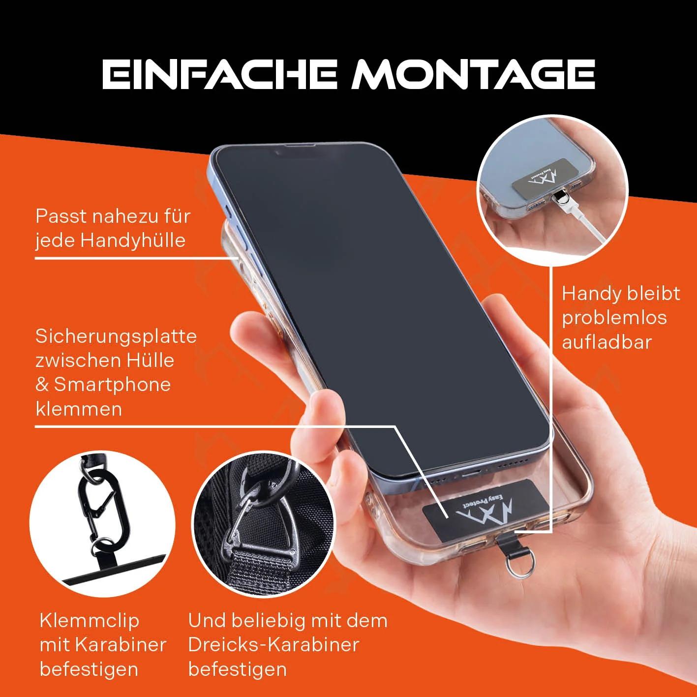Handy Sicherung mit Stahlseil & Karabiner, 80 cm Anti-Drop Kabel - Image 8