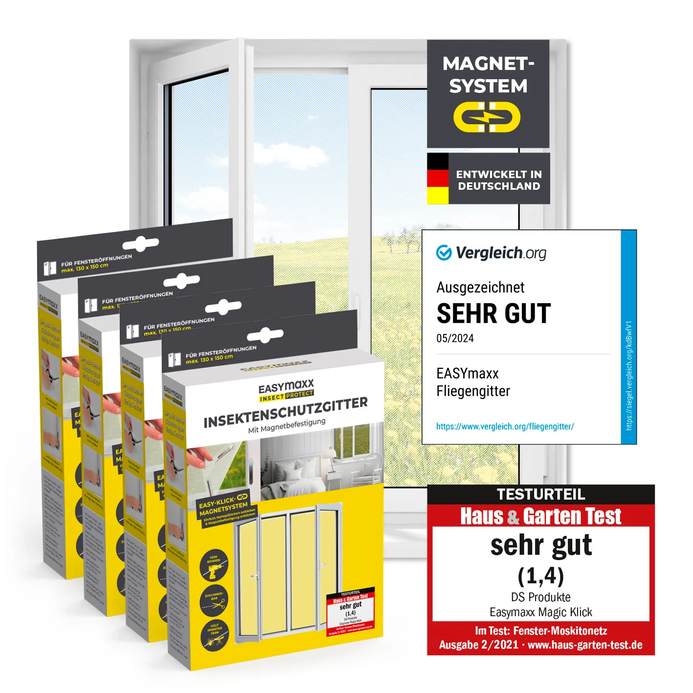 Insektenschutzgitter mit Magnetbefestigung - 4er-Set - 130 x 150 cm - Weiß