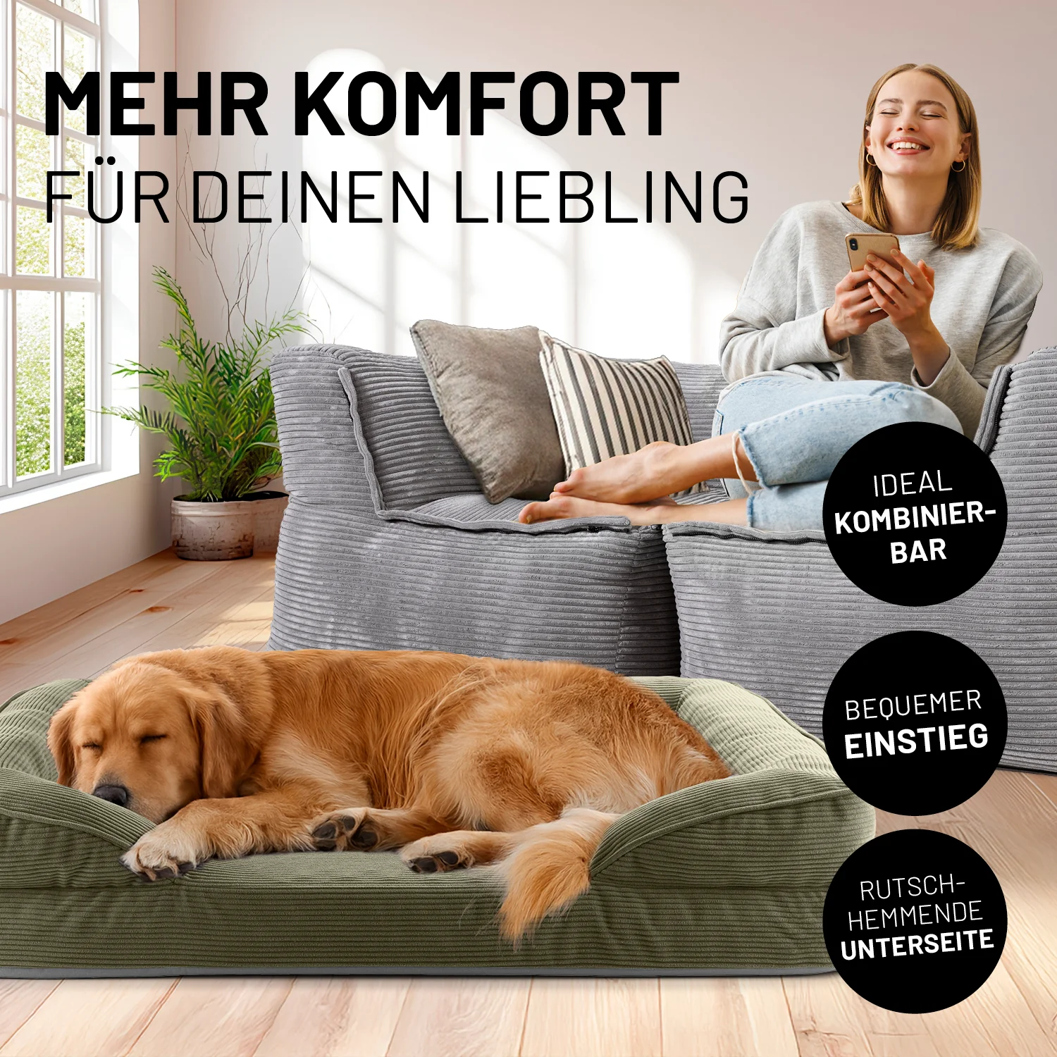 Komfort-Hundebett aus der LUMALAND Cord-Reihe - Gr. L - 110 x 75 cm - Grau - Image 4