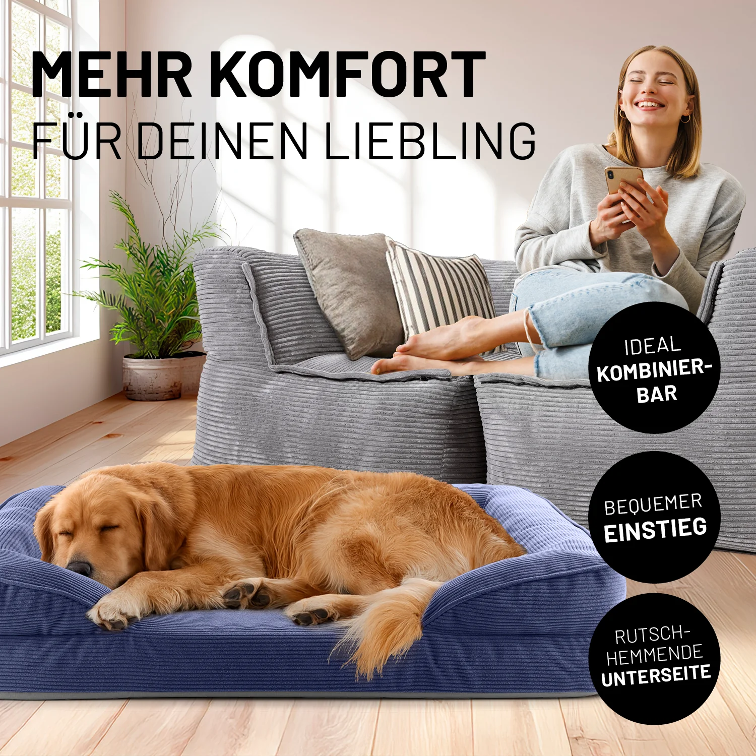 Komfort-Hundebett aus der LUMALAND Cord-Reihe - Gr. L - 110 x 75 cm - Grau - Image 3