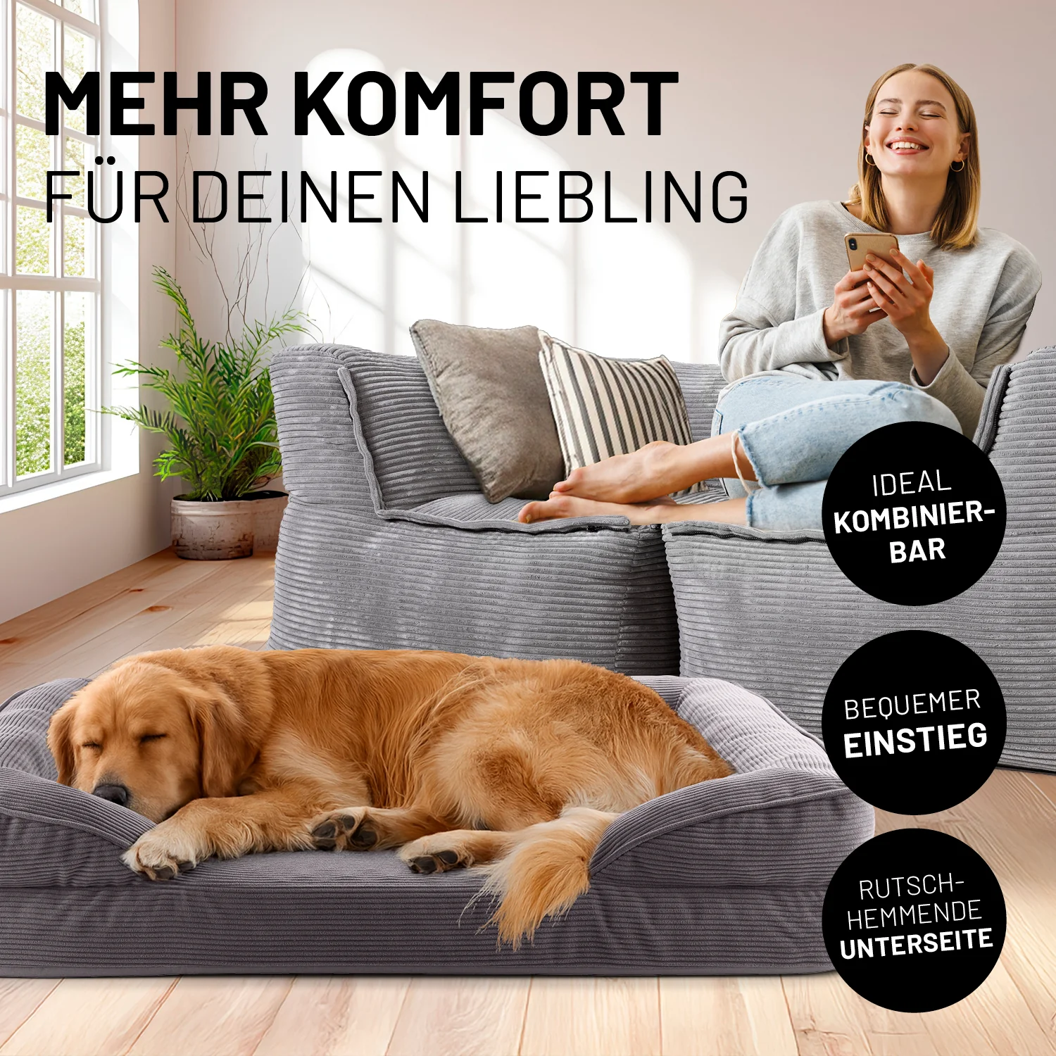Komfort-Hundebett aus der LUMALAND Cord-Reihe - Gr. L - 110 x 75 cm - Grau - Image 3