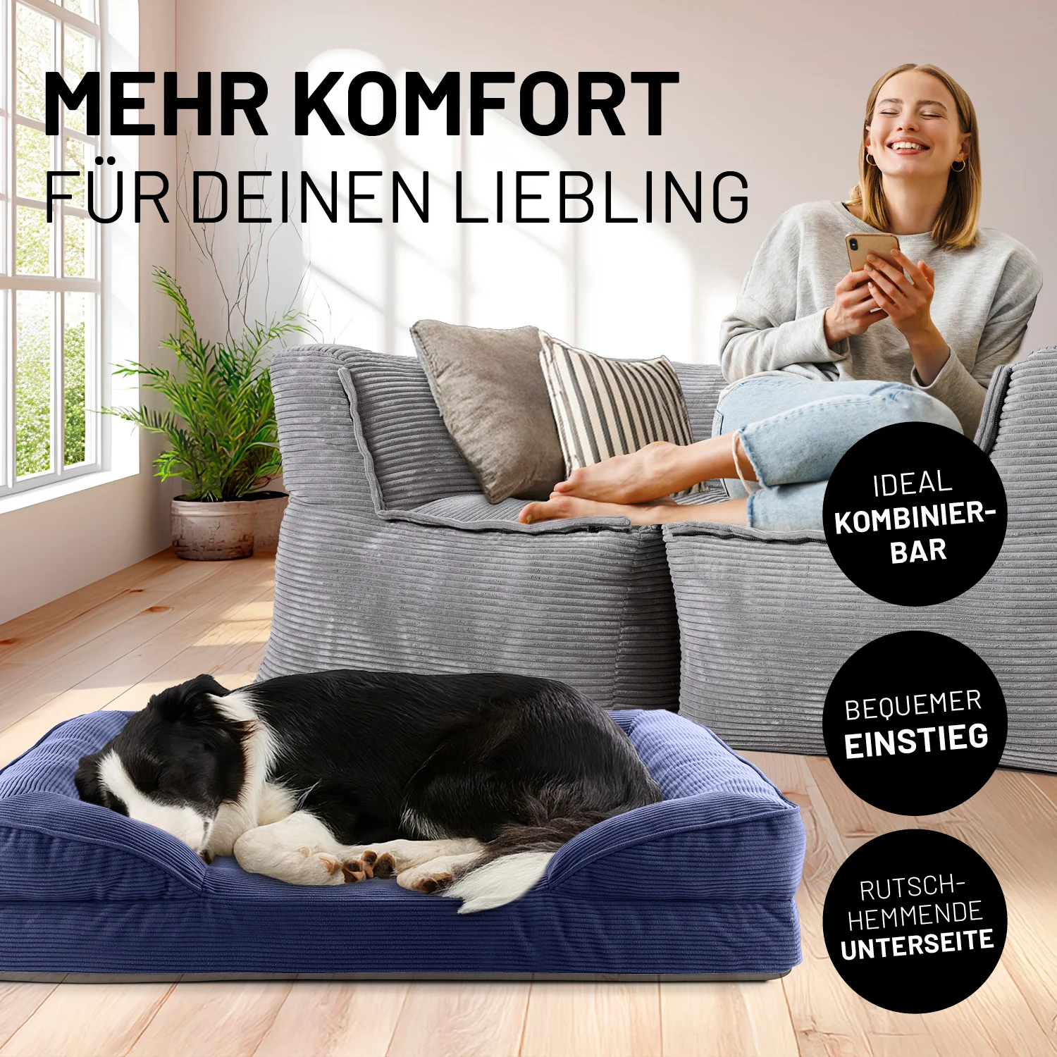 Komfort-Hundebett aus der LUMALAND Cord-Reihe - Gr. M - 90 x 65 cm - Grau - Image 3