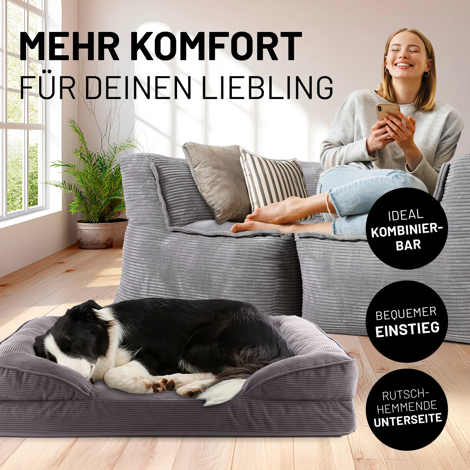 Komfort-Hundebett aus der LUMALAND Cord-Reihe - Gr. M - 90 x 65 cm - Grau - Image 3