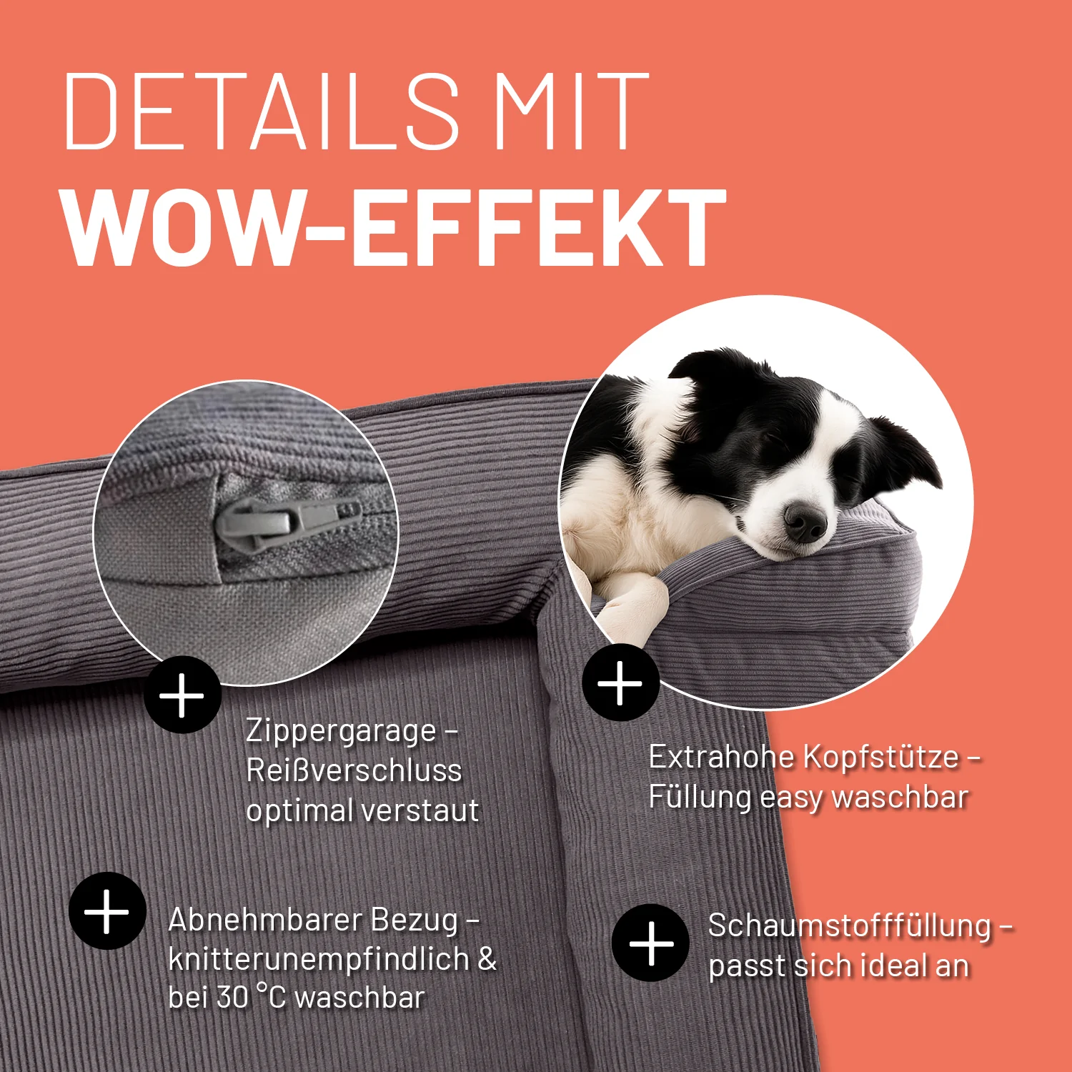 Komfort-Hundebett aus der LUMALAND Cord-Reihe - Gr. M - 90 x 65 cm - Grau - Image 4