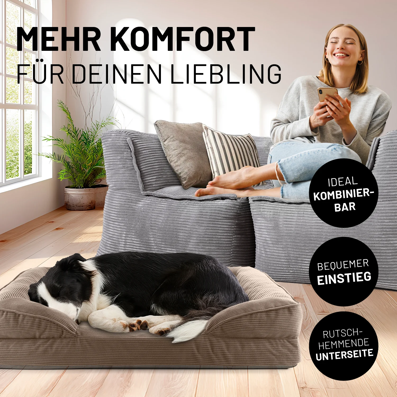 Komfort-Hundebett aus der LUMALAND Cord-Reihe - Gr. M - 90 x 65 cm - Grau - Image 3