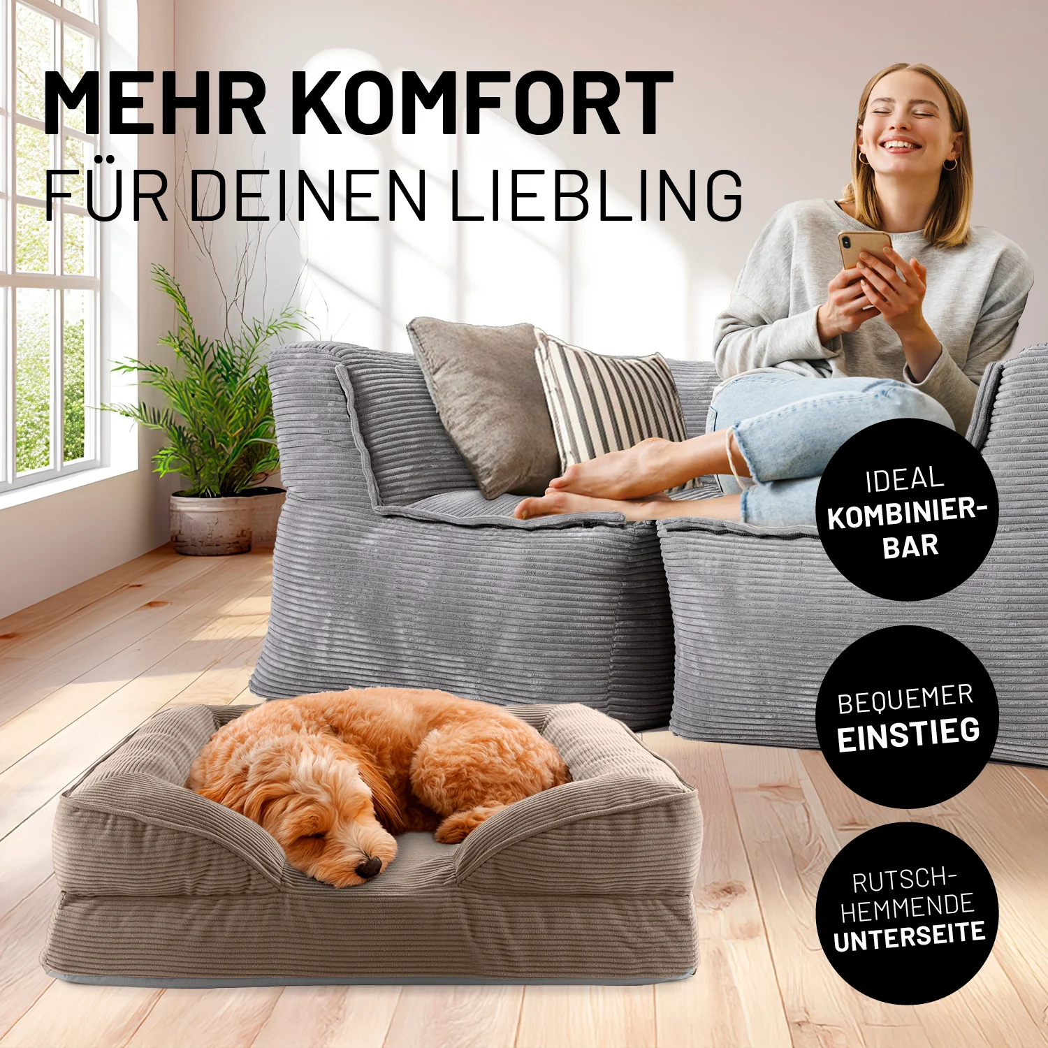 Komfort-Hundebett aus der LUMALAND Cord-Reihe - Gr. S - 70 x 60 cm - Grau - Image 3