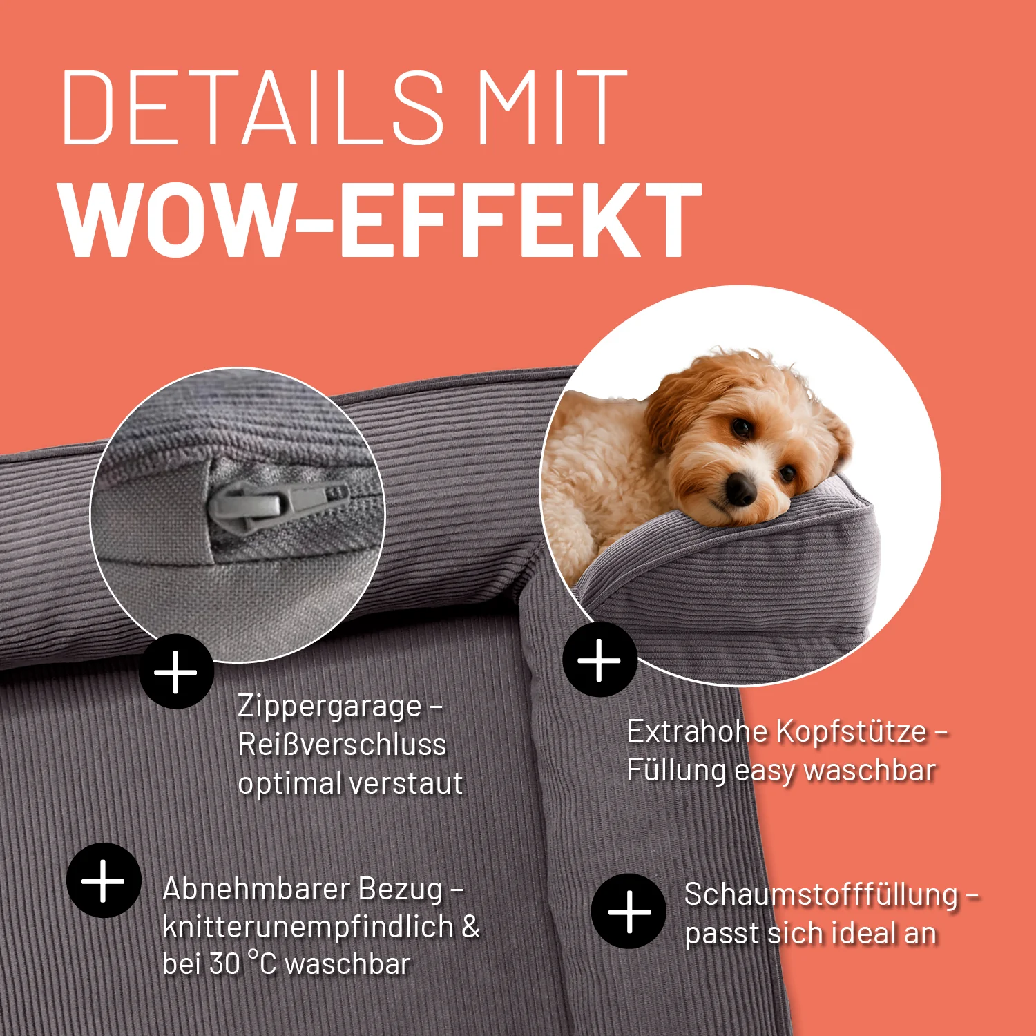 Komfort-Hundebett aus der LUMALAND Cord-Reihe - Gr. S - 70 x 60 cm - Grau - Image 4