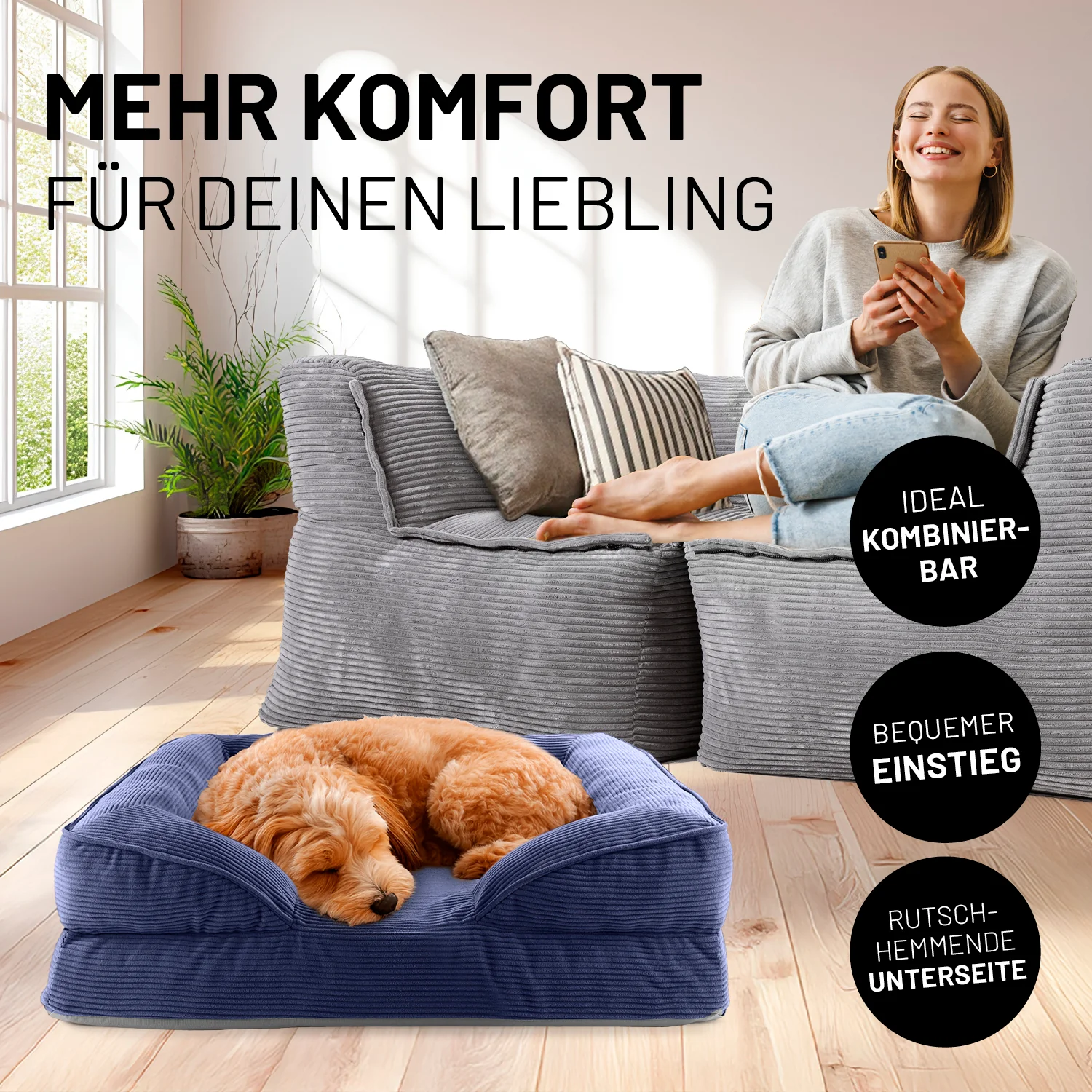 Komfort-Hundebett aus der LUMALAND Cord-Reihe - Gr. S - 70 x 60 cm - Grau - Image 3