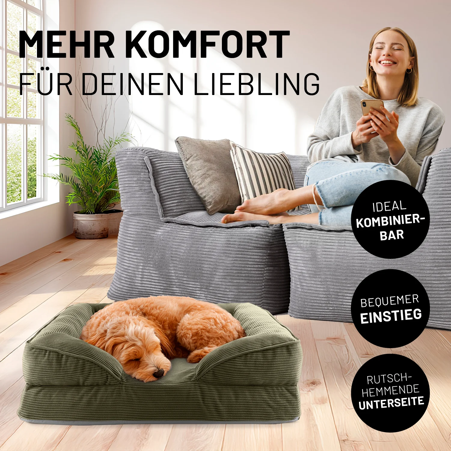 Komfort-Hundebett aus der LUMALAND Cord-Reihe - Gr. S - 70 x 60 cm - Grau - Image 3