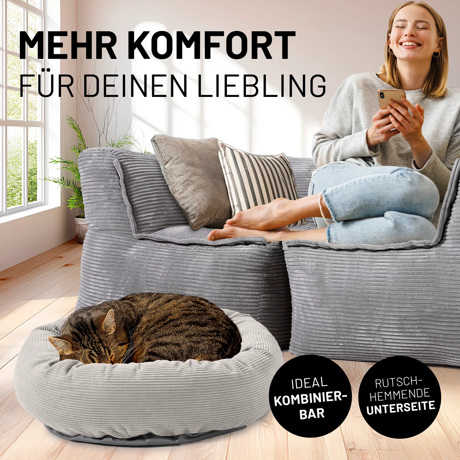 Komfort-Katzenbett aus der LUMALAND Cord-Reihe - Ø 60 cm - Beige - Image 3