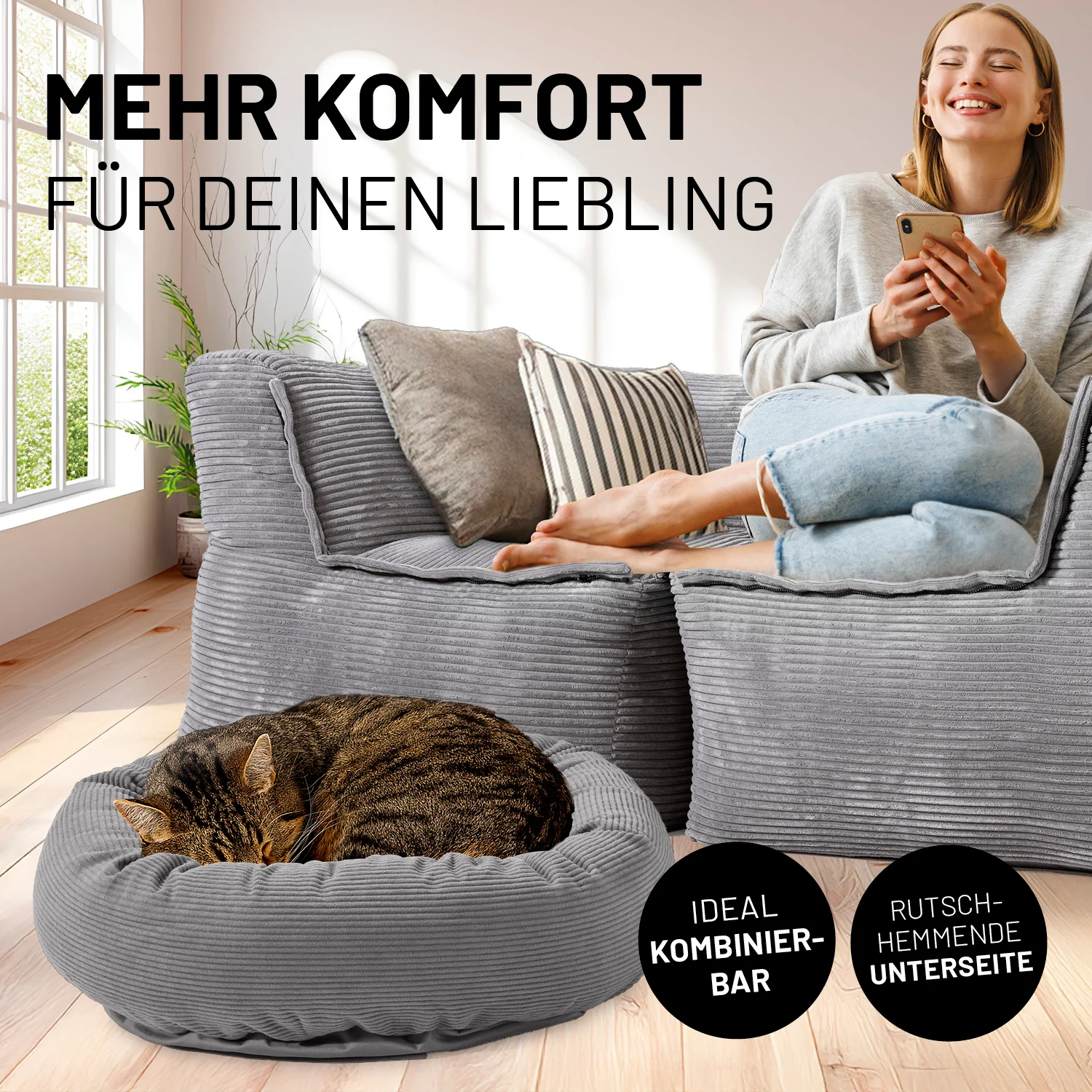Komfort-Katzenbett aus der LUMALAND Cord-Reihe - Ø 60 cm - Grau - Image 3