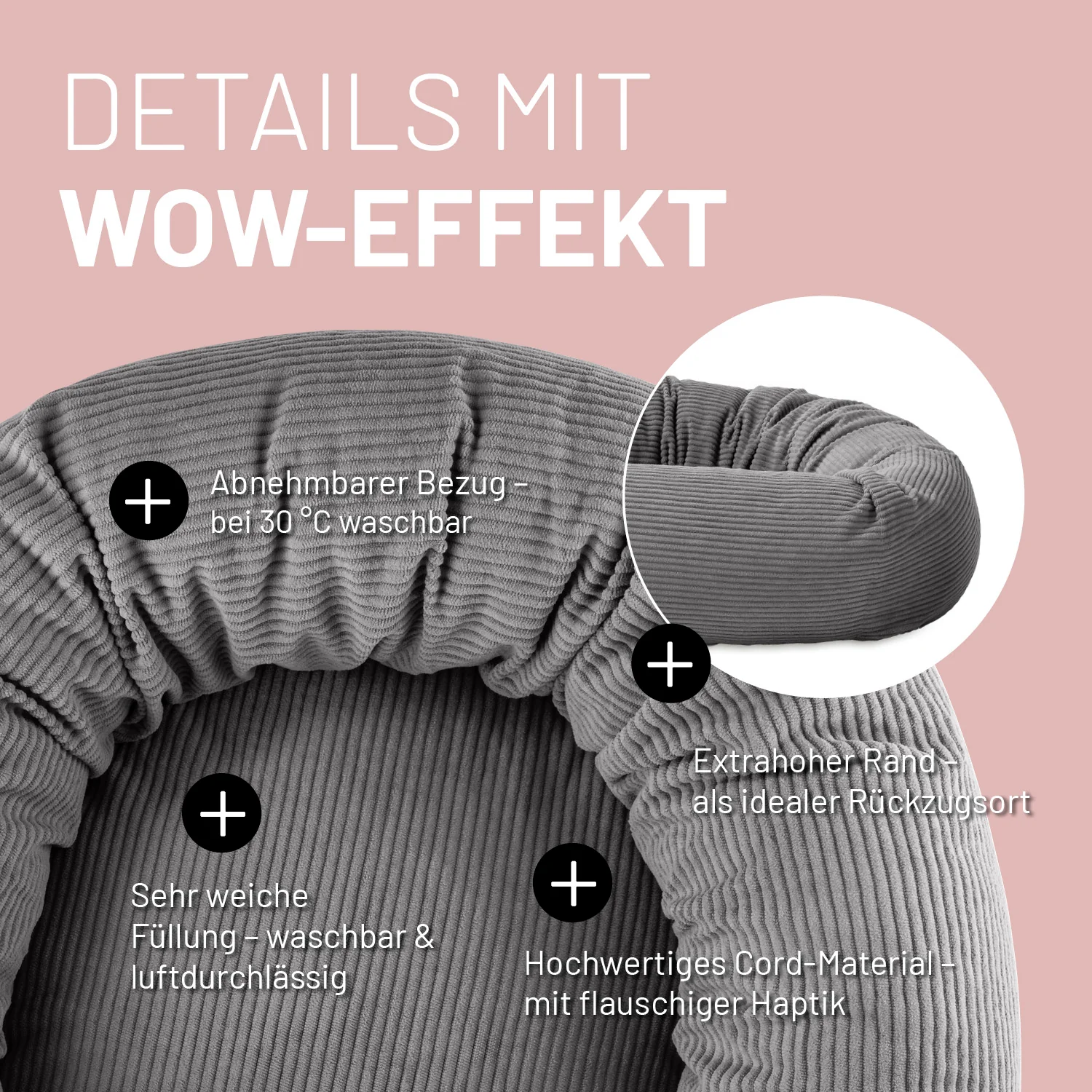 Komfort-Katzenbett aus der LUMALAND Cord-Reihe - Ø 60 cm - Grau - Image 4