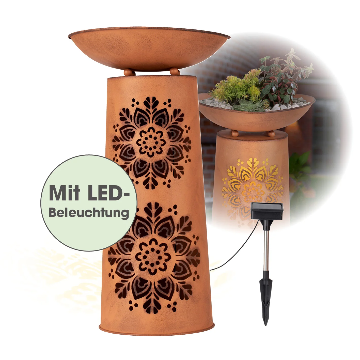 LED-Dekosäule mit Pflanzschale - Rost-Optik Mandala
