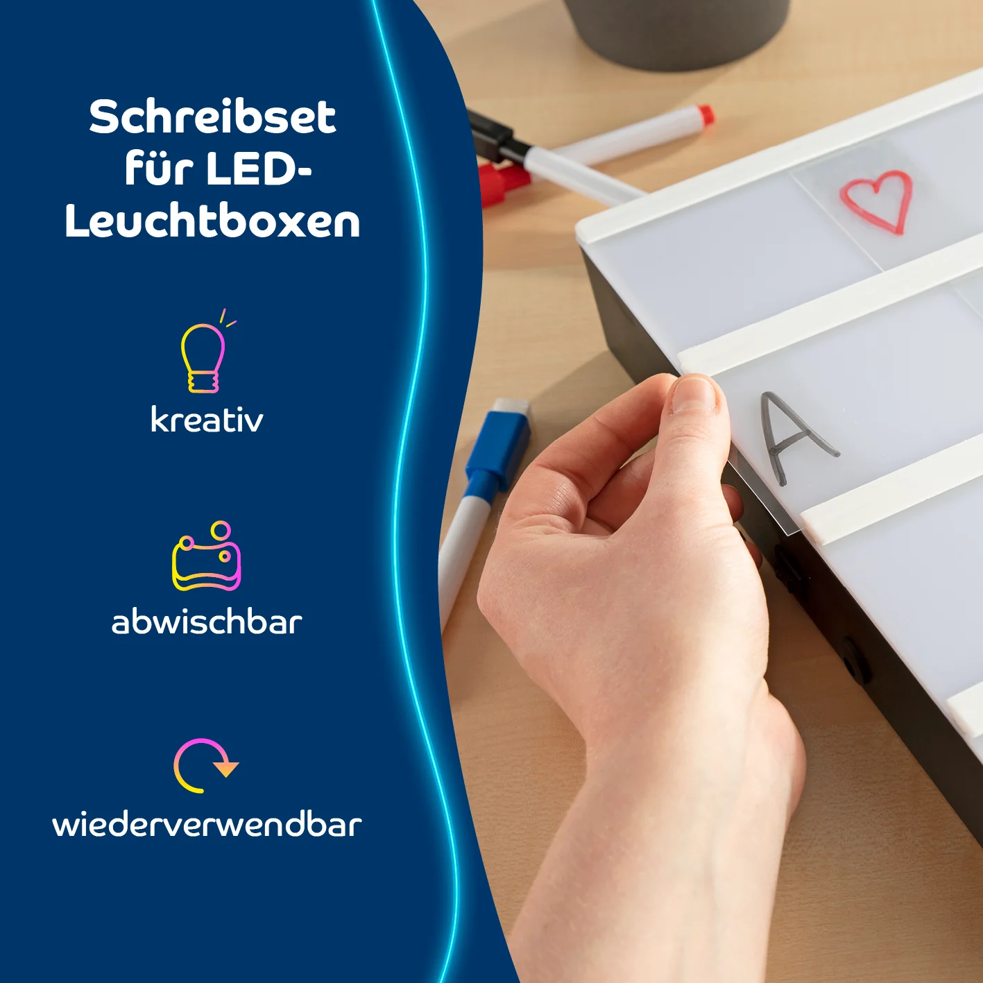 LED-Leuchtkasten A4 mit 173 Buchstaben, Zahlen & Symbolen & 150 bunten Mood Pics inkl. Schreib-Set (3 Stifte & 20 Karten) - Image 3