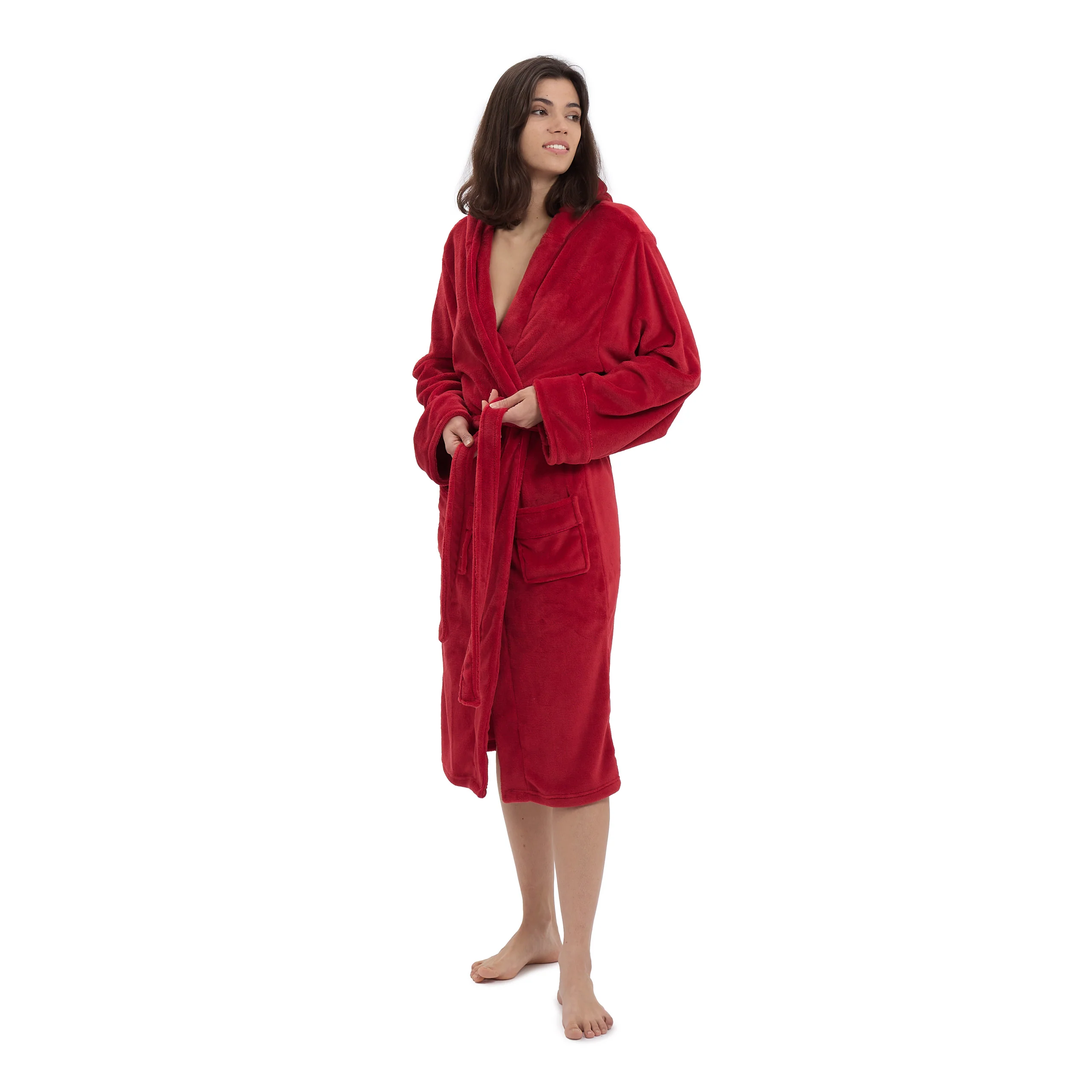 Luxury Mikrofaser Bademantel mit Kapuze für Damen und Herren - Rot - Größe L