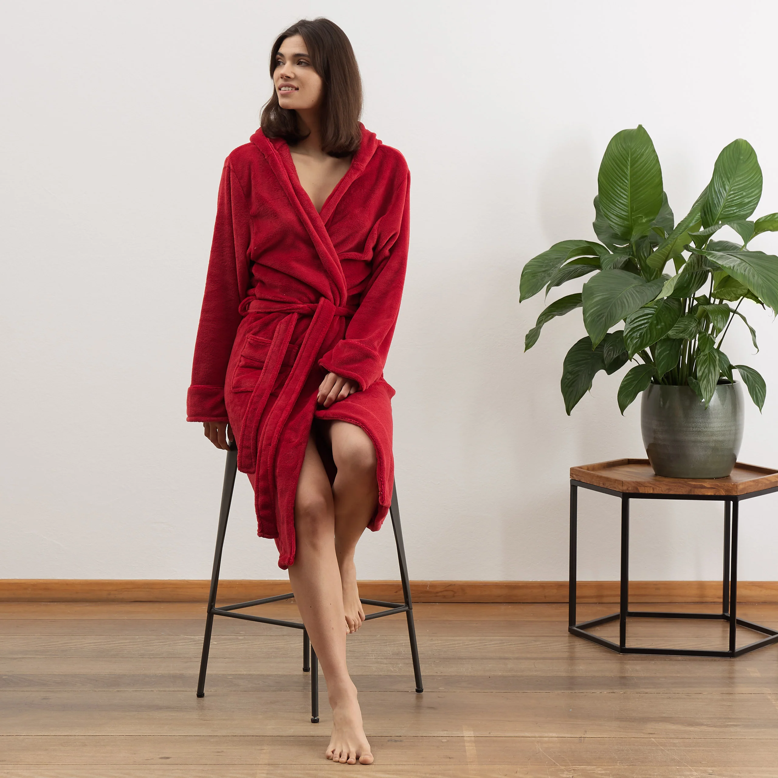 Luxury Mikrofaser Bademantel mit Kapuze für Damen und Herren - Rot - Größe L - Image 6