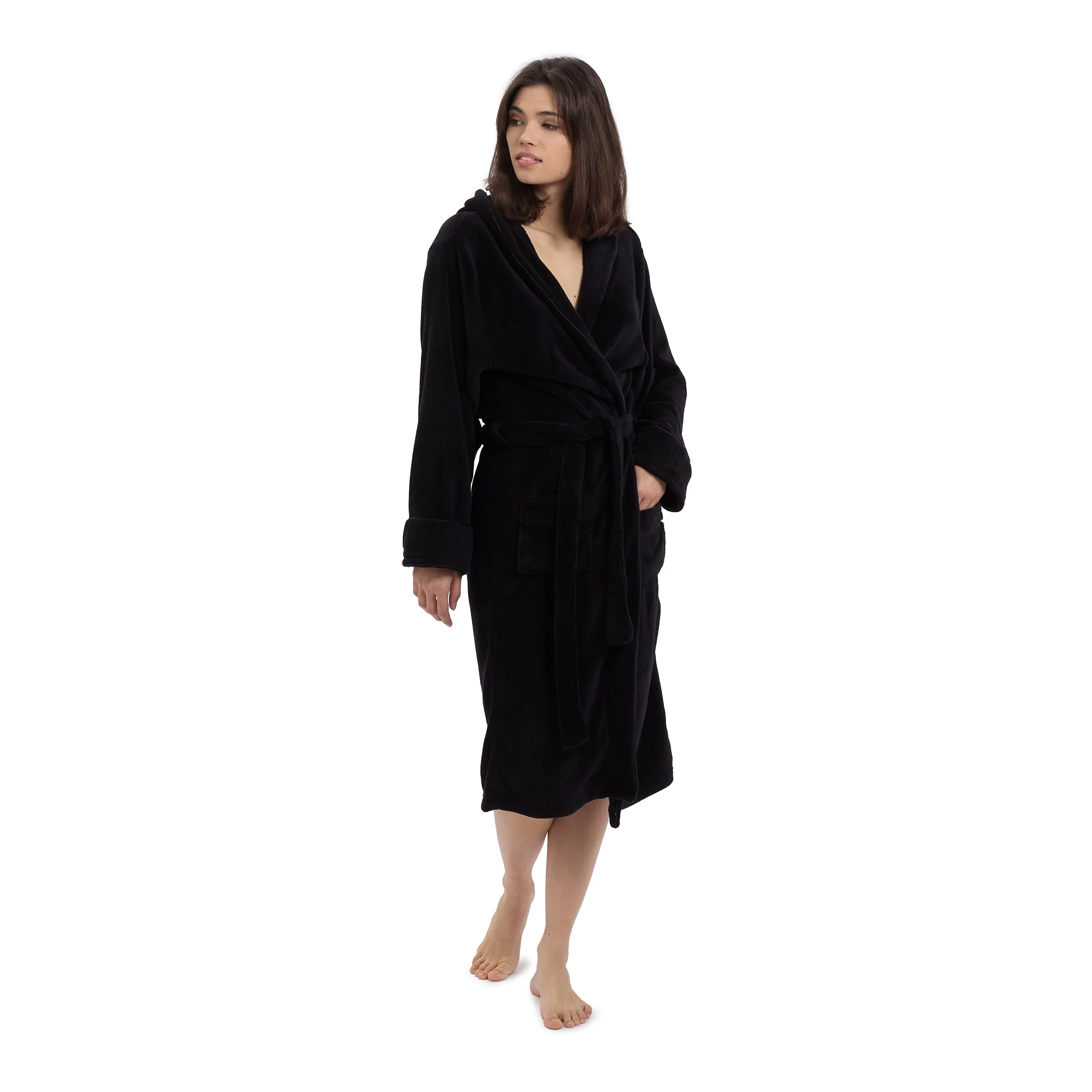 Luxury Mikrofaser Bademantel mit Kapuze für Damen und Herren - Schwarz - Größe XL