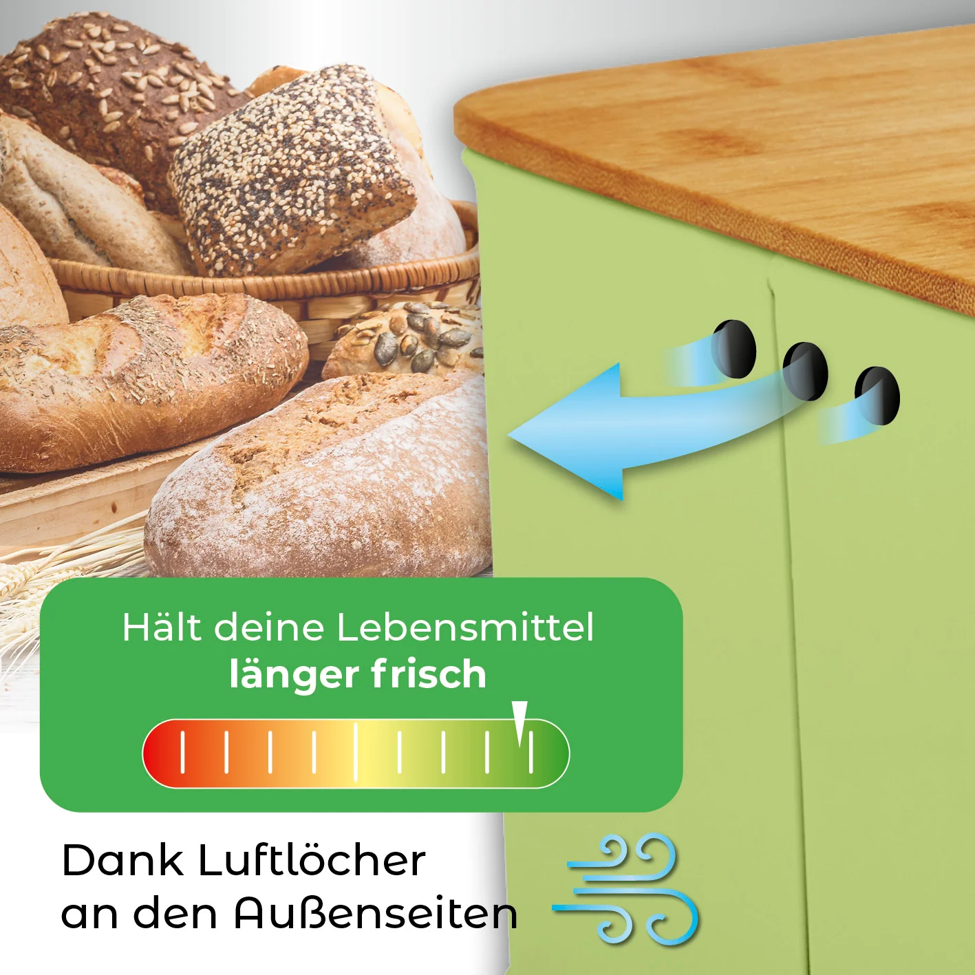 Cuisine Brotkasten aus Metall mit Bambus Deckel - Rechteckig 30,5 x 23,5 x 14 cm - Mintgrün - Image 6