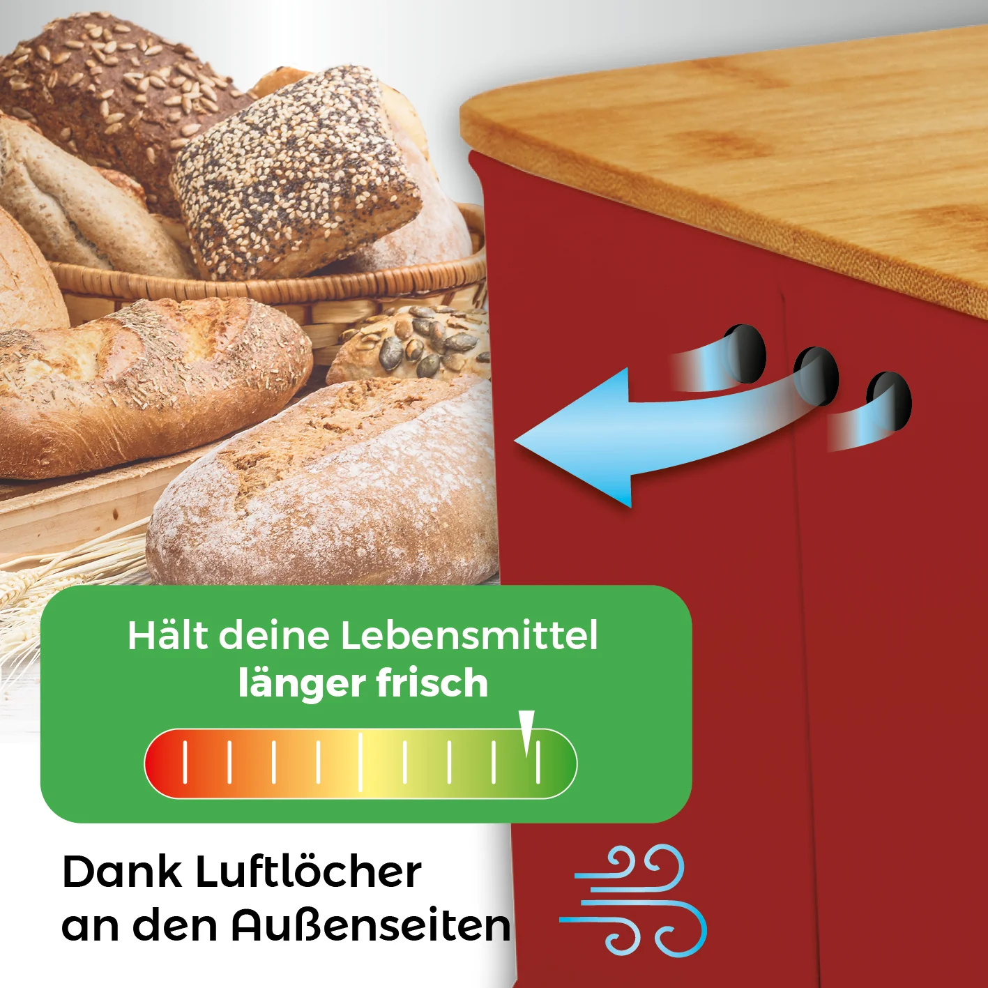 Cuisine Brotkasten aus Metall mit Bambus Deckel - Rechteckig 30,5 x 23,5 x 14 cm - Rot - Image 6