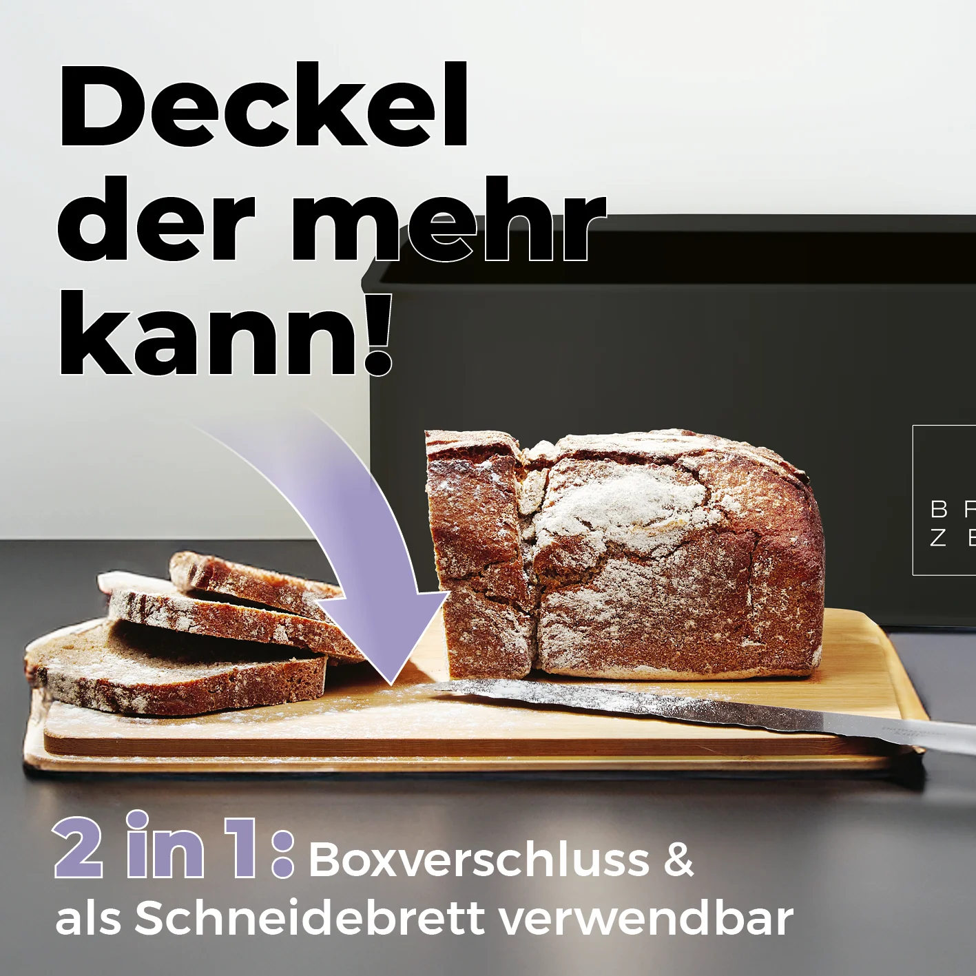 Cuisine Brotkasten aus Metall mit Bambus Deckel - Rechteckig 30,5 x 23,5 x 14 cm - Schwarz - Image 3
