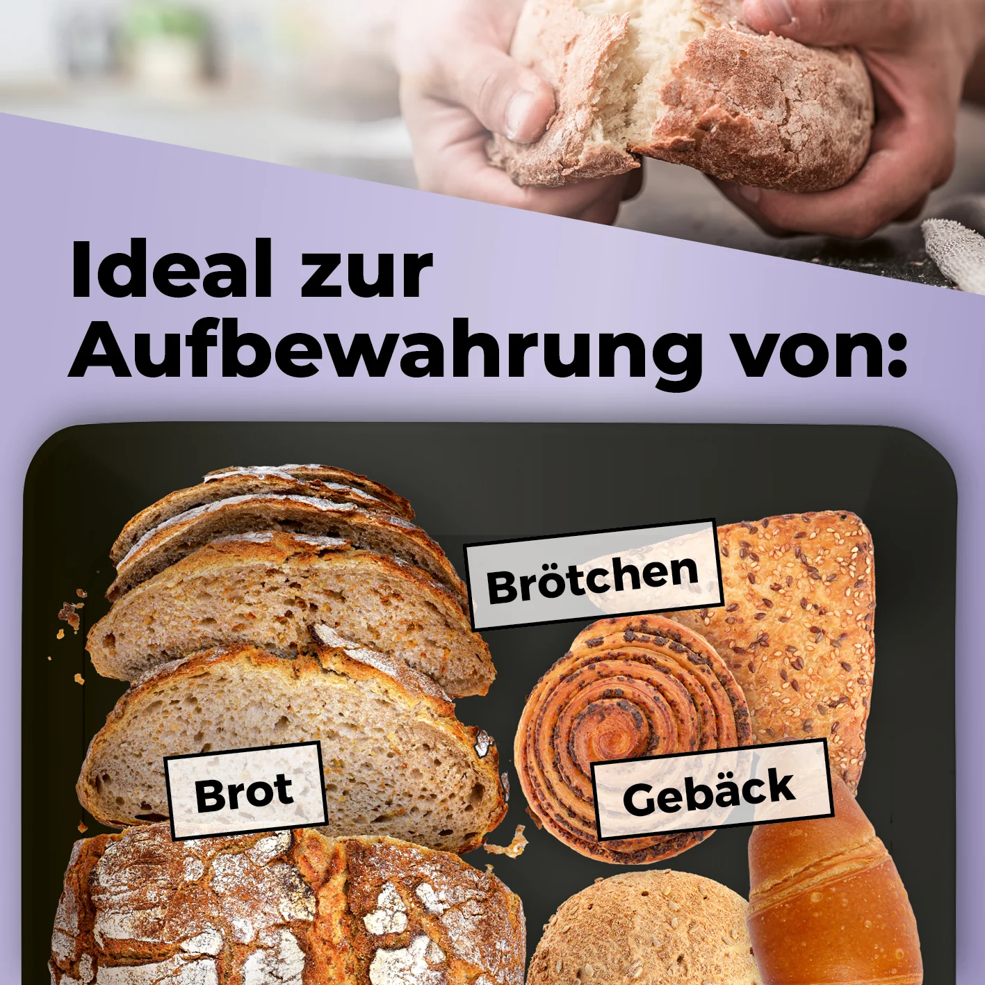 Cuisine Brotkasten aus Metall mit Bambus Deckel - Rechteckig 30,5 x 23,5 x 14 cm - Schwarz - Image 5