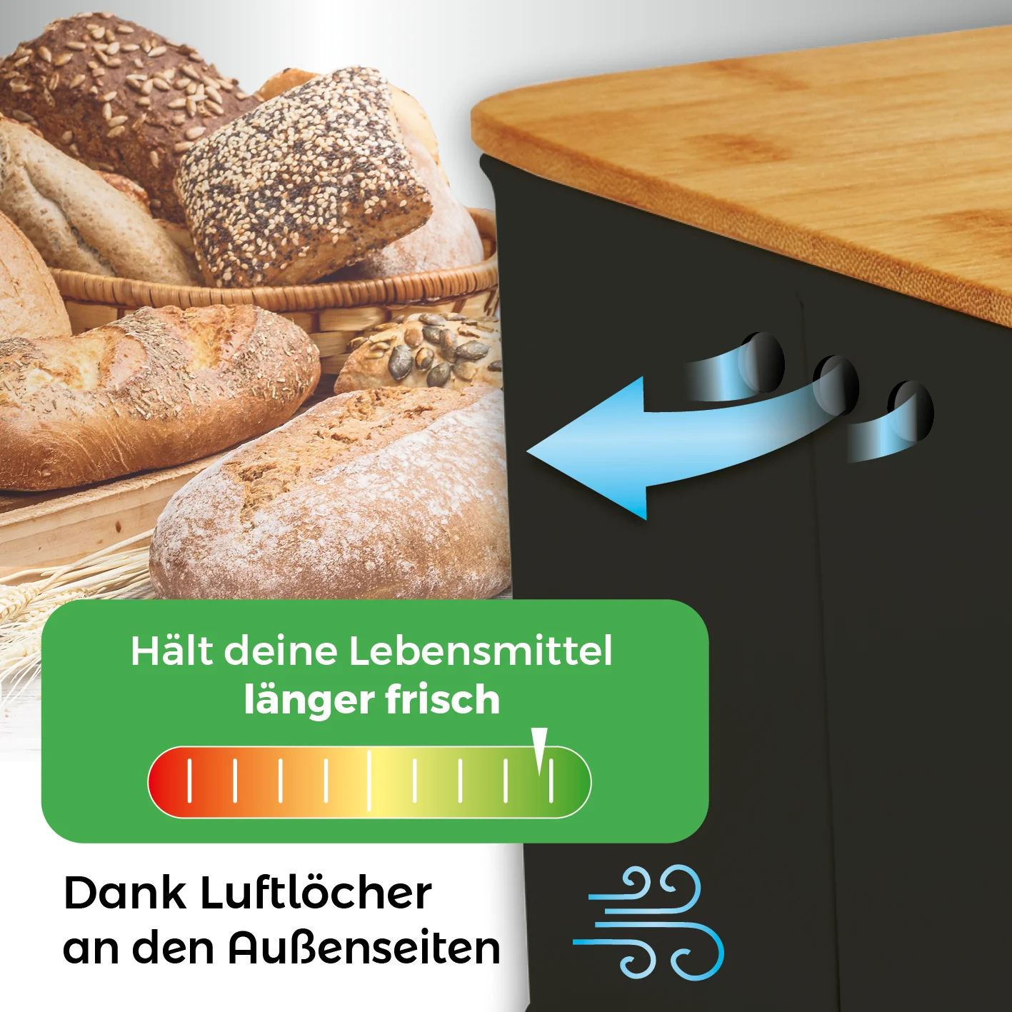 Cuisine Brotkasten aus Metall mit Bambus Deckel - Rechteckig 30,5 x 23,5 x 14 cm - Schwarz - Image 6