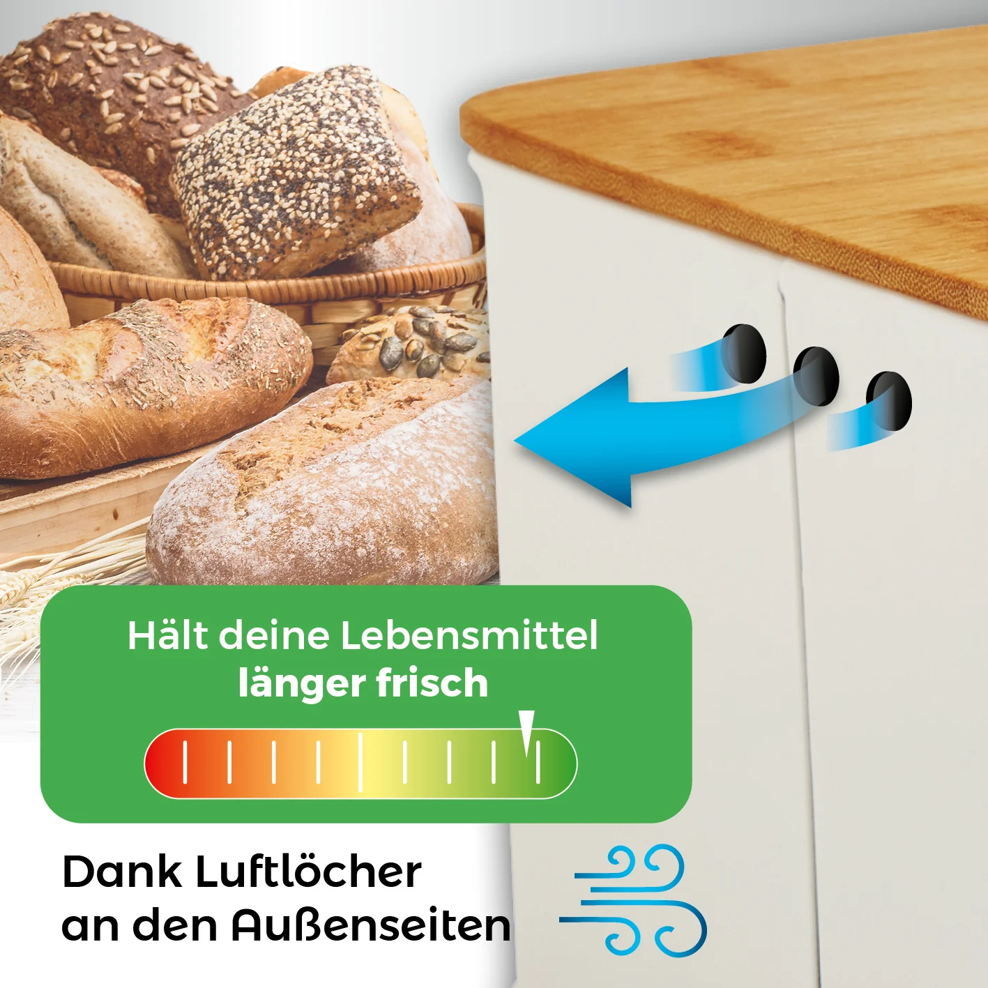 Cuisine Brotkasten aus Metall mit Bambus Deckel - Rechteckig 30,5 x 23,5 x 14 cm - Weiß - Image 6