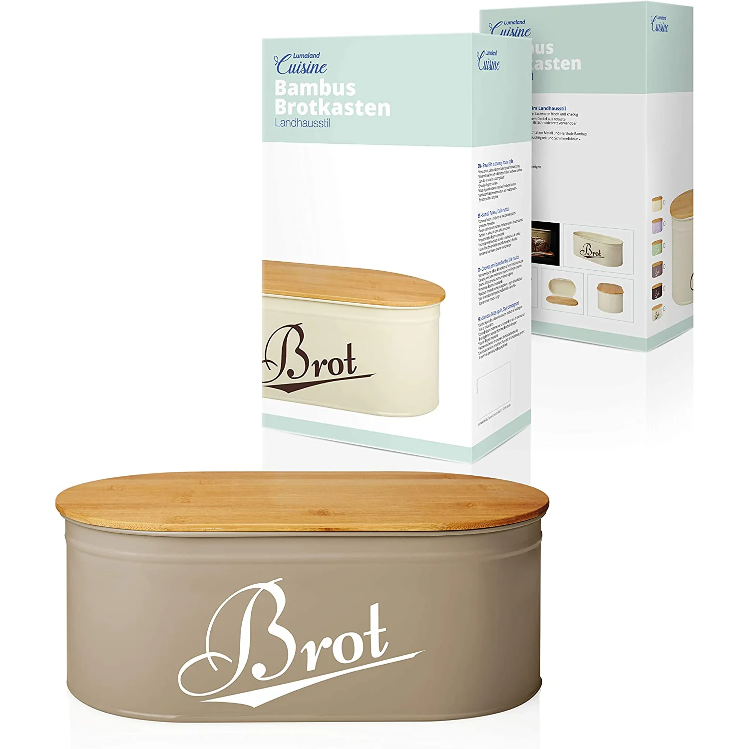 Cuisine Brotkasten aus Metall mit Bambus Deckel - Oval 36 x 20 x 13,8 cm - Grau - Image 2