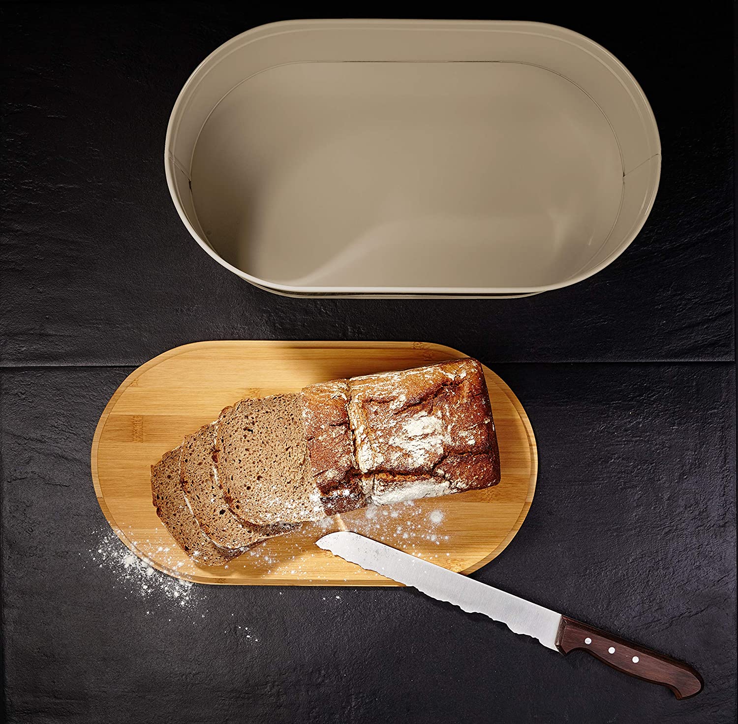Cuisine Brotkasten aus Metall mit Bambus Deckel - Oval 36 x 20 x 13,8 cm - Grau - Image 5