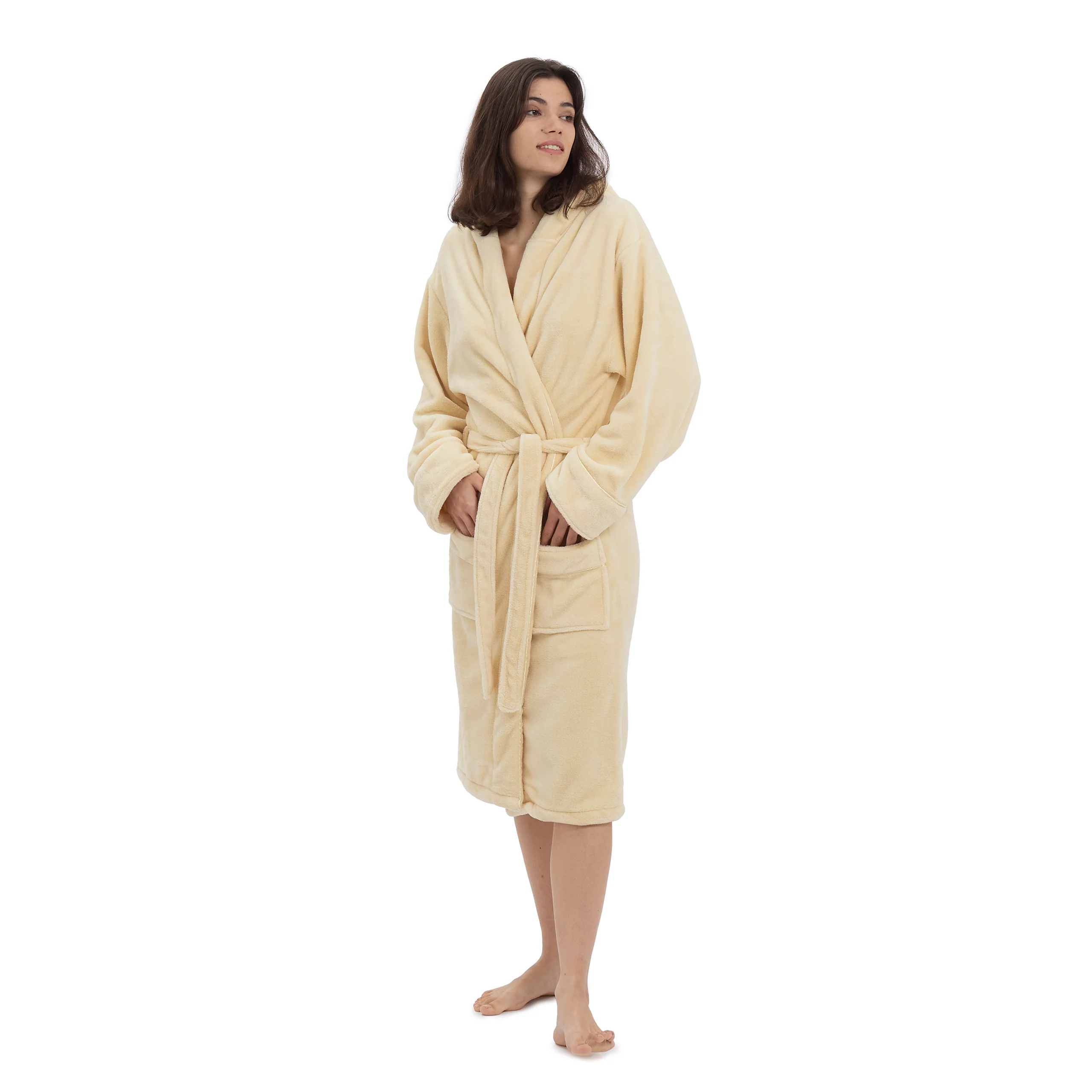 Luxury Mikrofaser Bademantel mit Kapuze für Damen und Herren - Creme - Größe S
