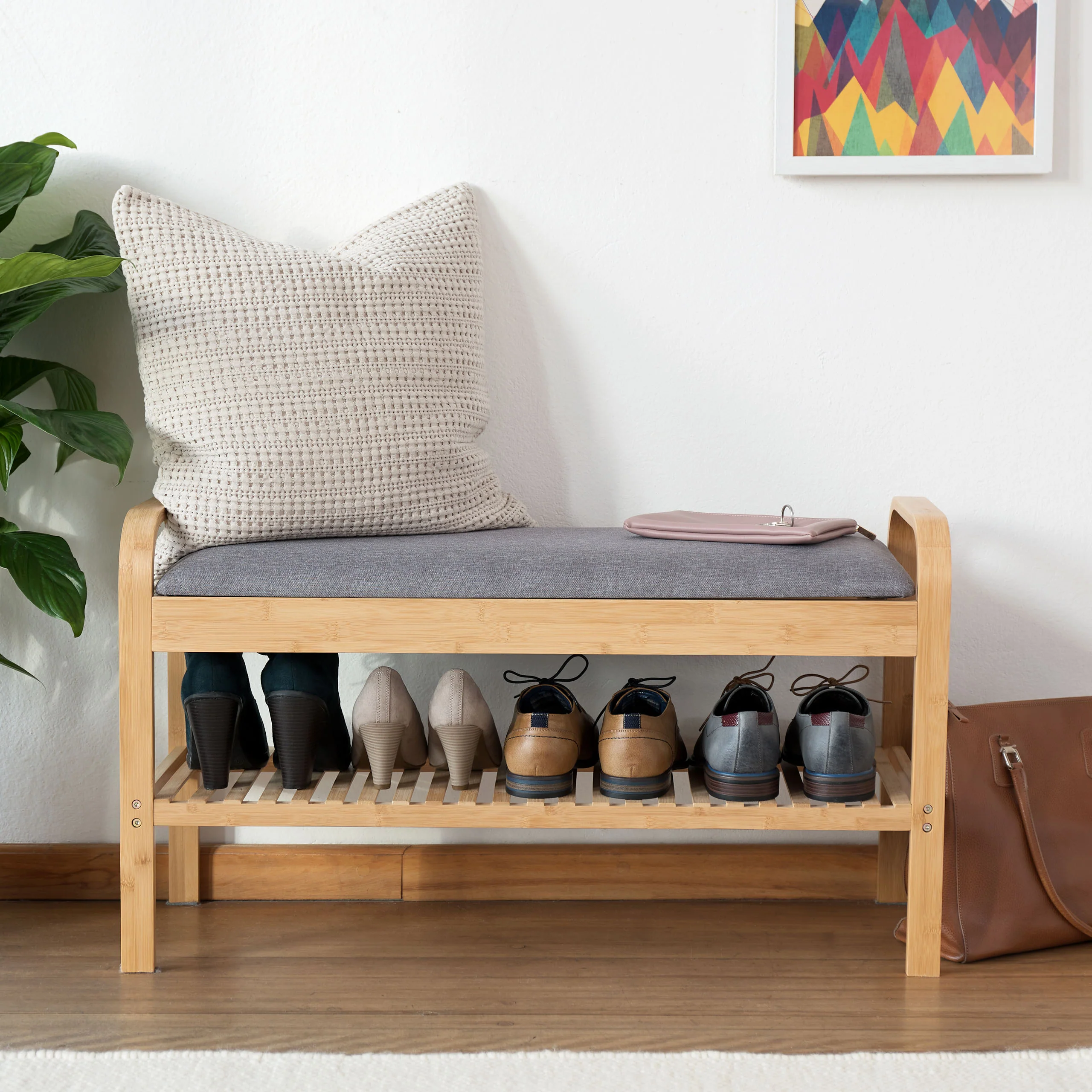 Schuhregal aus Bambus mit Sitzbank - 90 x 50 x 30 cm - Grau - Image 2