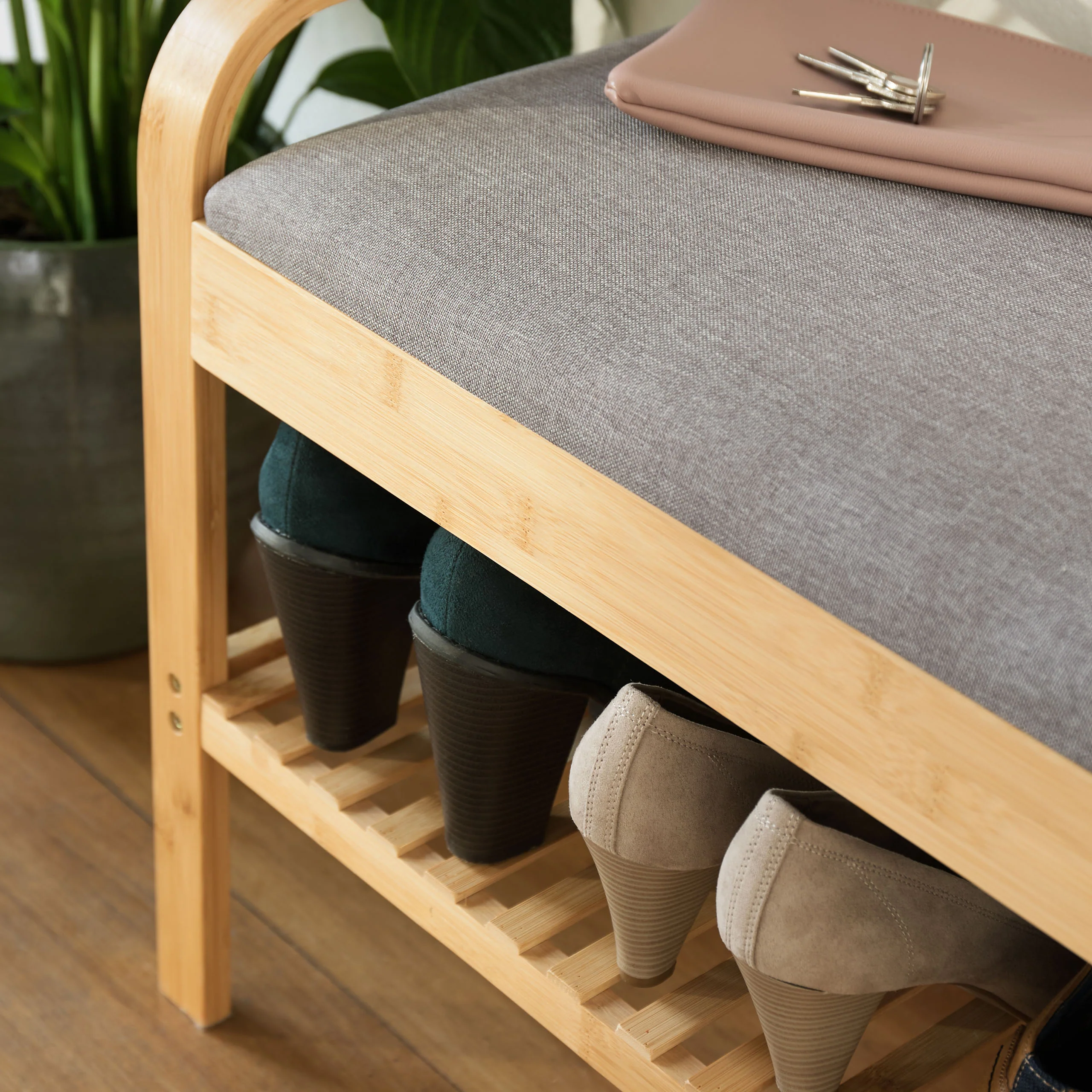 Schuhregal aus Bambus mit Sitzbank - 90 x 50 x 30 cm - Grau - Image 3