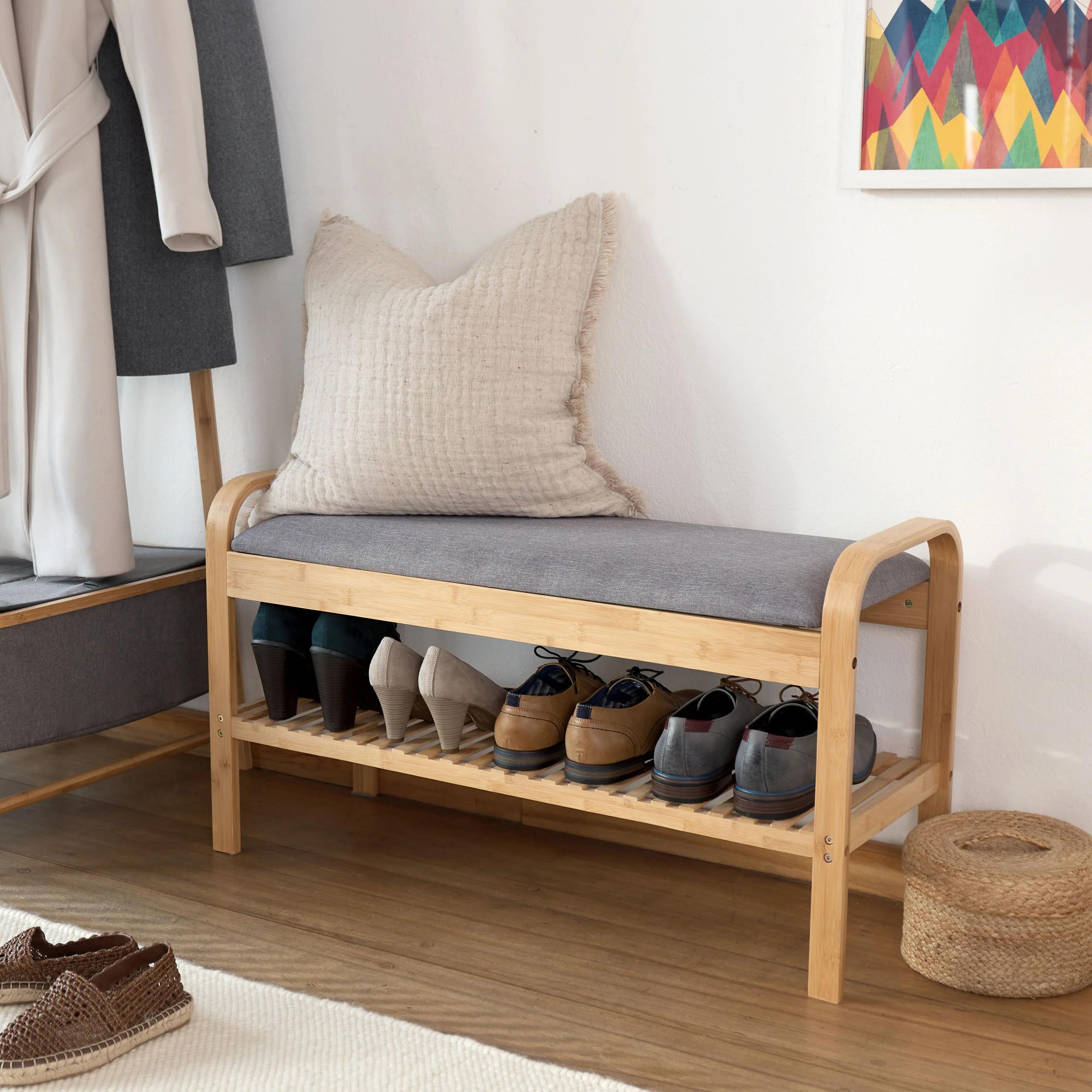 Schuhregal aus Bambus mit Sitzbank - 90 x 50 x 30 cm - Grau - Image 5