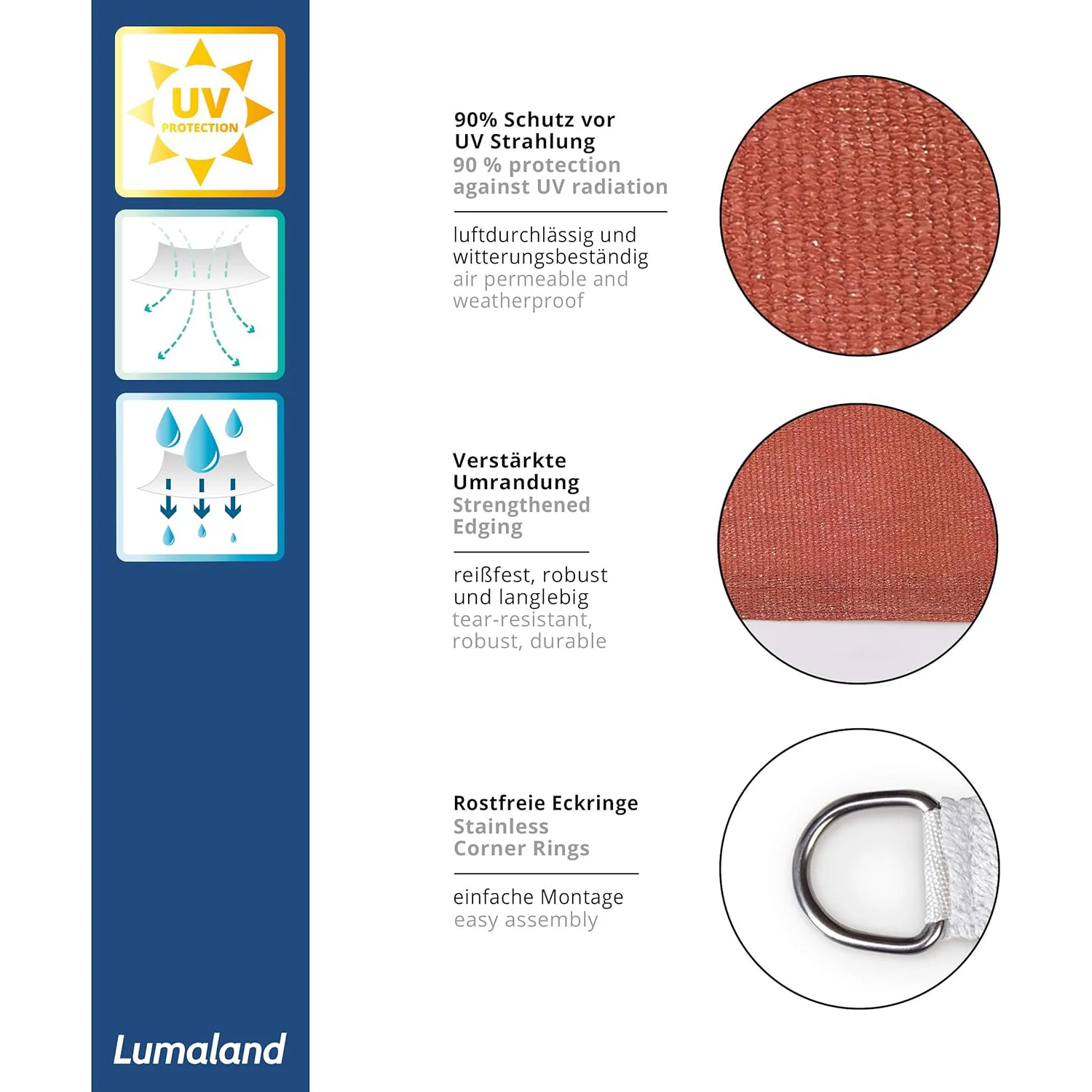 Sonnensegel 100% HDPE - Dreieck 3 x 3 Meter - Terracotta - Image 3
