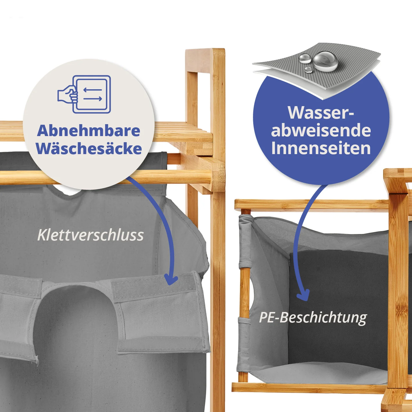 Bambus Wäschekorb mit ausziehbarem Wäschesack - 33 x 33 x 73 cm - Beige - Image 3