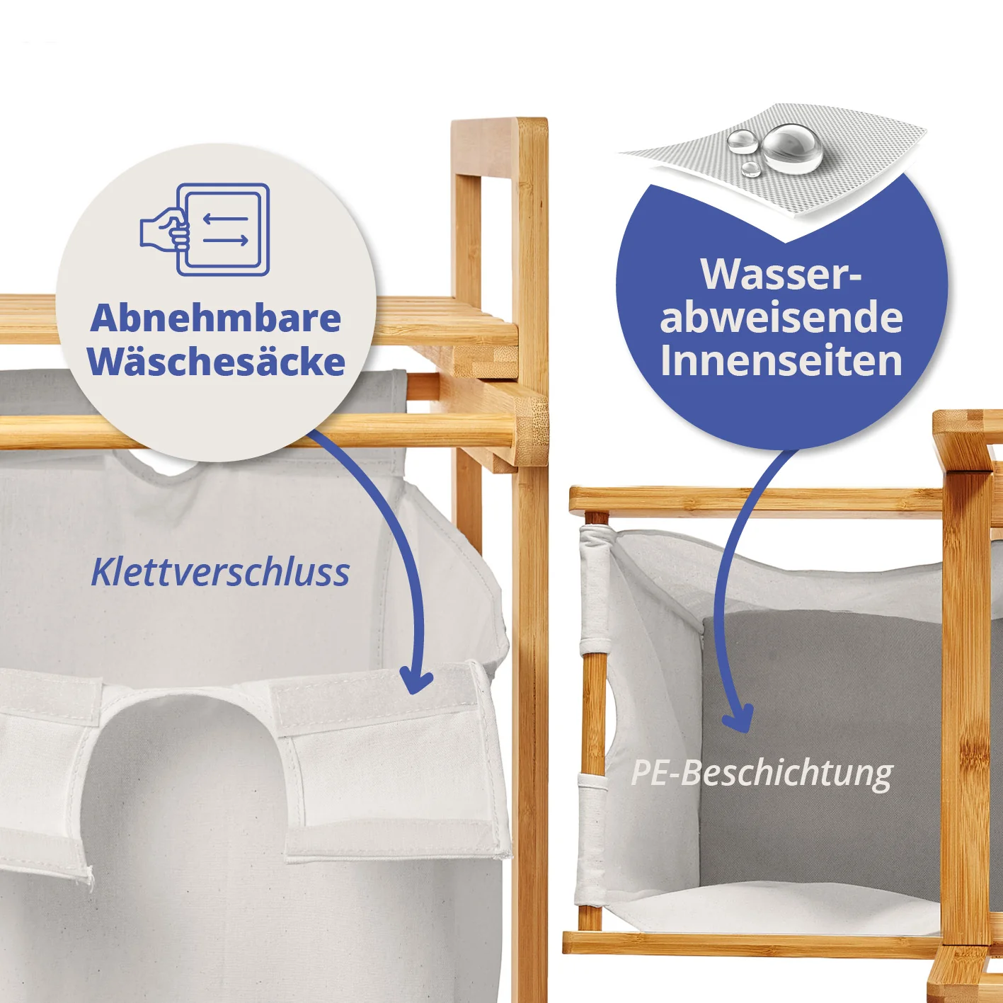 Bambus Wäschekorb mit ausziehbarem Wäschesack - 33 x 33 x 73 cm - Weiß - Image 3