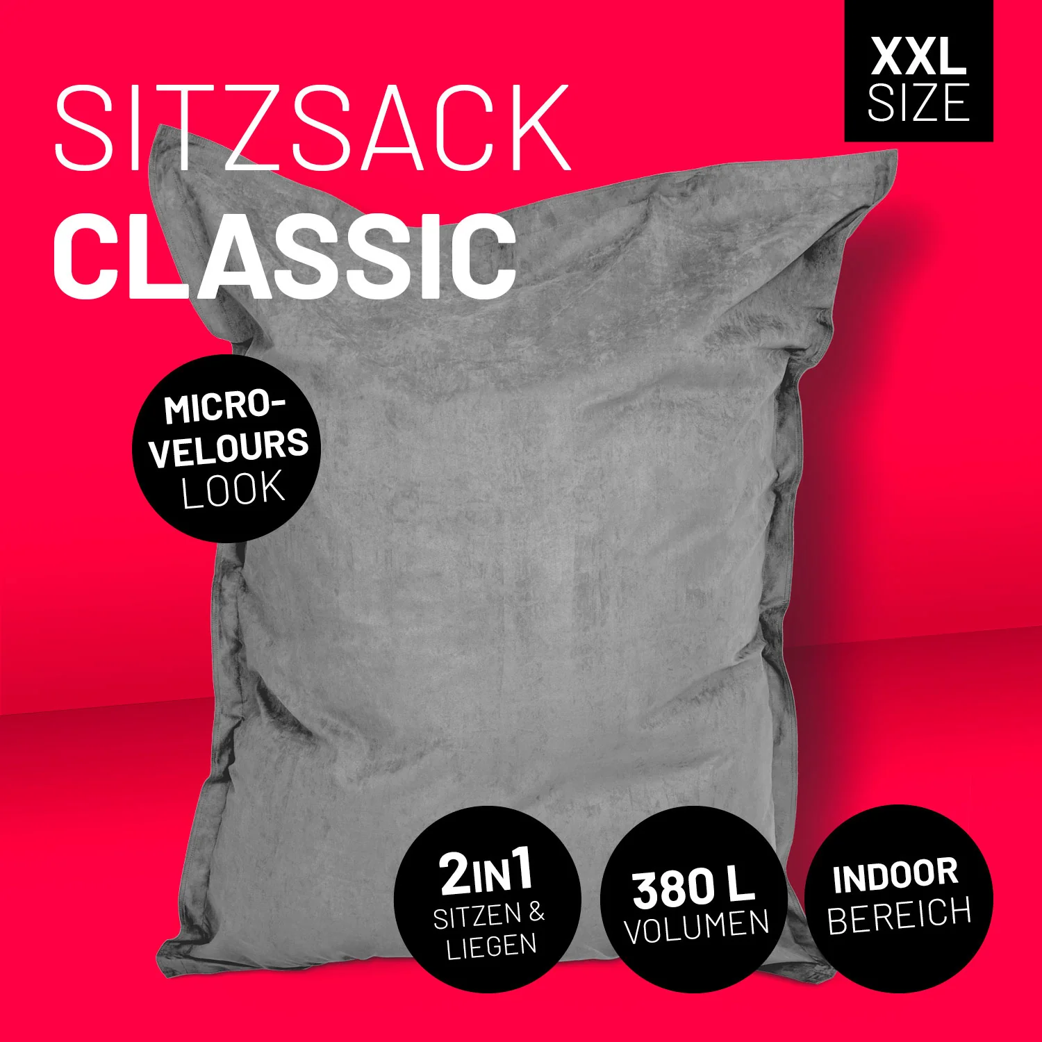 XXL Microvelours Sitzsack (380 L) - indoor - Grau - Image 2