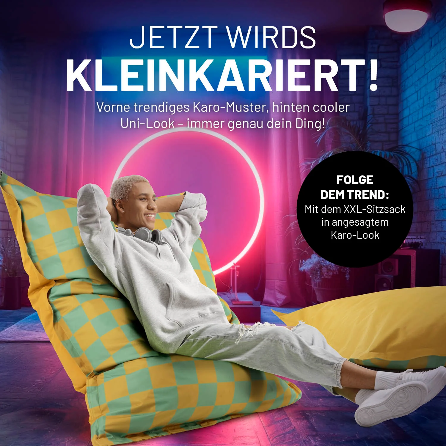 XXL-Sitzsack Karo - Pastellgrün/Senfgelb - Image 4