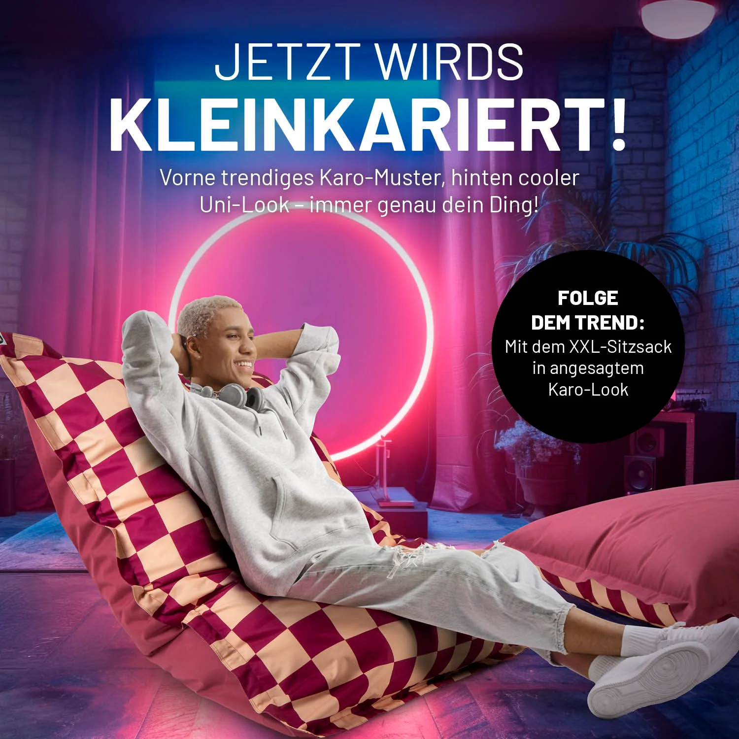XXL-Sitzsack Karo - Weinrot/Pfirsich - Image 4