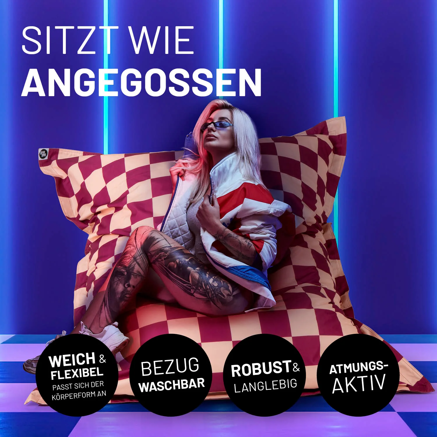XXL-Sitzsack Karo - Weinrot/Pfirsich - Image 9