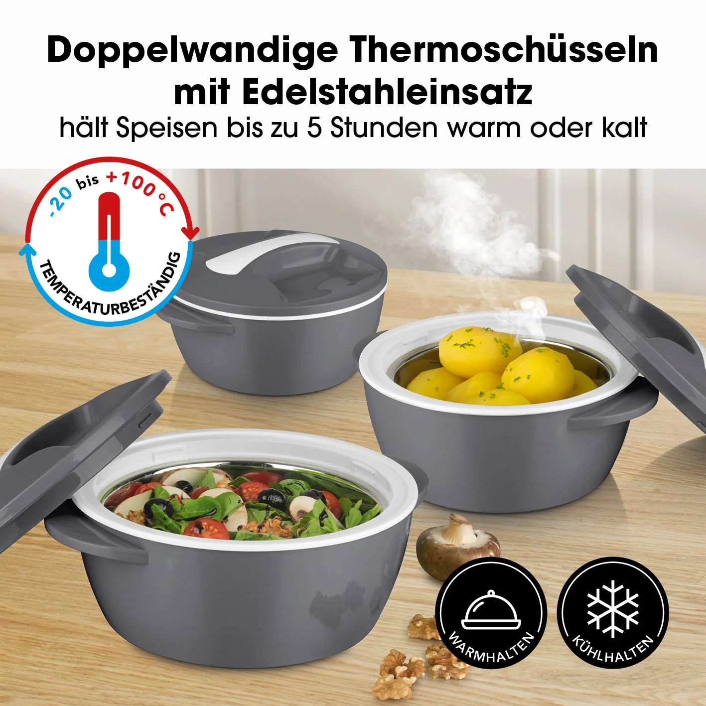 Thermo-Schüssel Mikrowelle - 3er-Set (450 ml + 850 ml + 1400 ml) - grau/weiß - Image 2