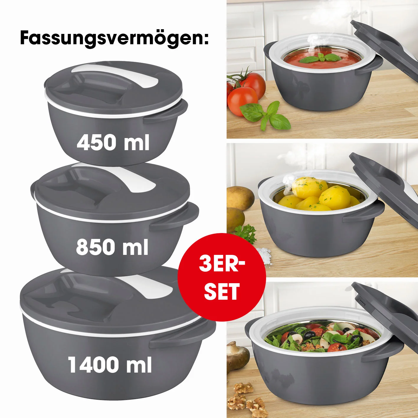 Thermo-Schüssel Mikrowelle - 3er-Set (450 ml + 850 ml + 1400 ml) - grau/weiß - Image 3