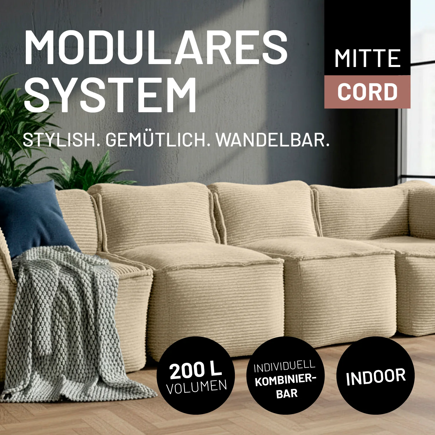Modulare Mitte aus der LUMALAND Cord-Reihe - 200 L - 81 x 54 x 70 cm - Beige - Image 3