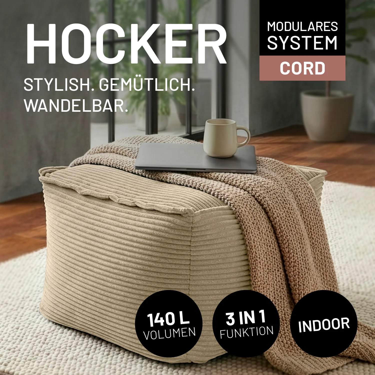 Modularer Hocker aus der LUMALAND Cord-Reihe - 140 L - 54 x 54 x 40 cm - Beige - Image 3