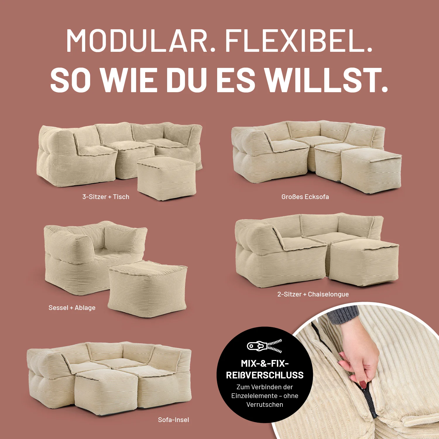 Modularer Hocker aus der LUMALAND Cord-Reihe - 140 L - 54 x 54 x 40 cm - Beige - Image 4